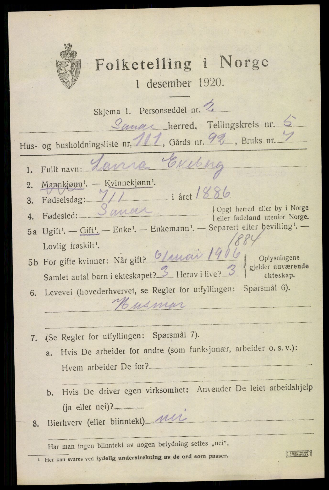 SAKO, 1920 census for Sande, 1920, p. 7250