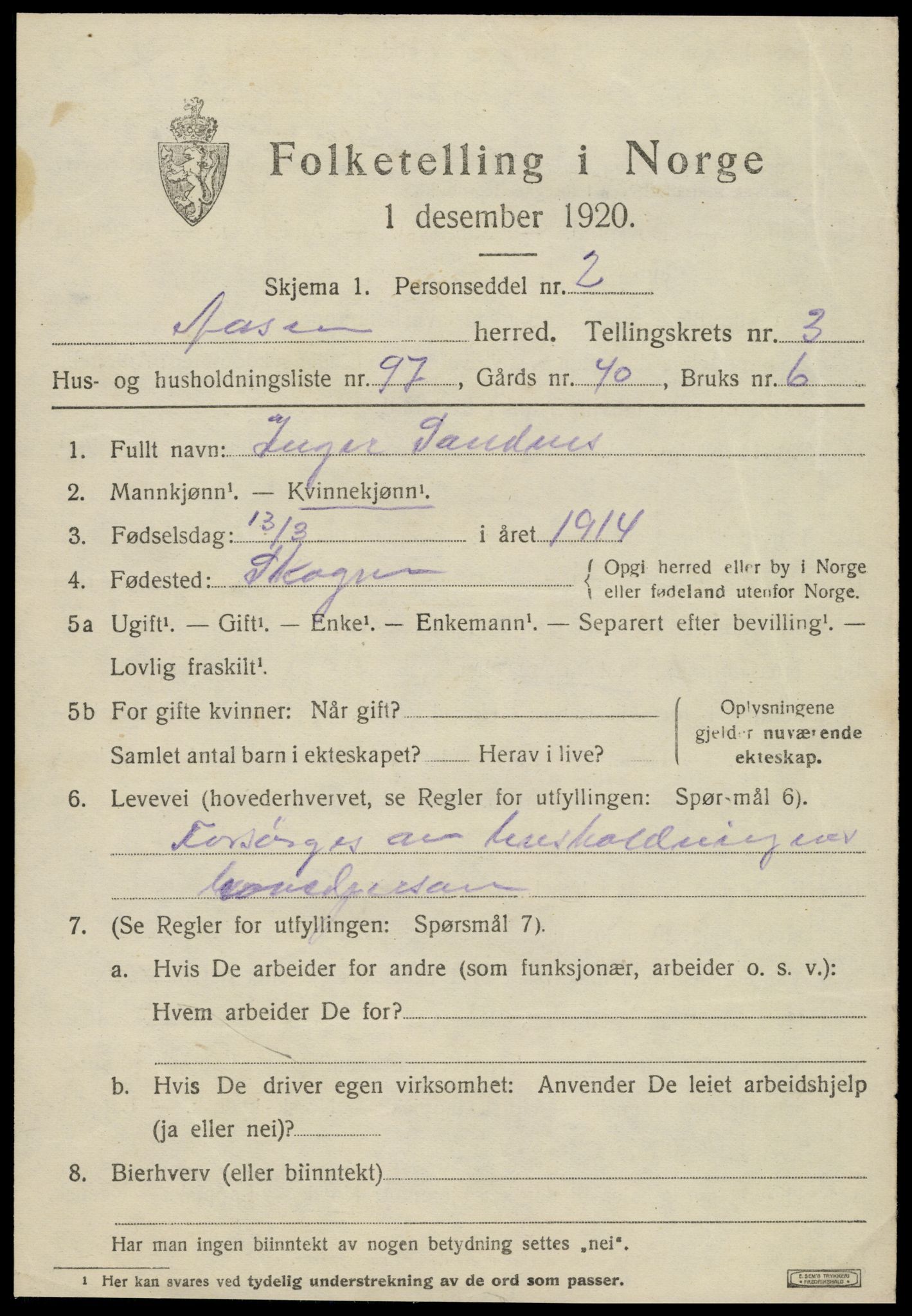 SAT, 1920 census for Åsen, 1920, p. 3130