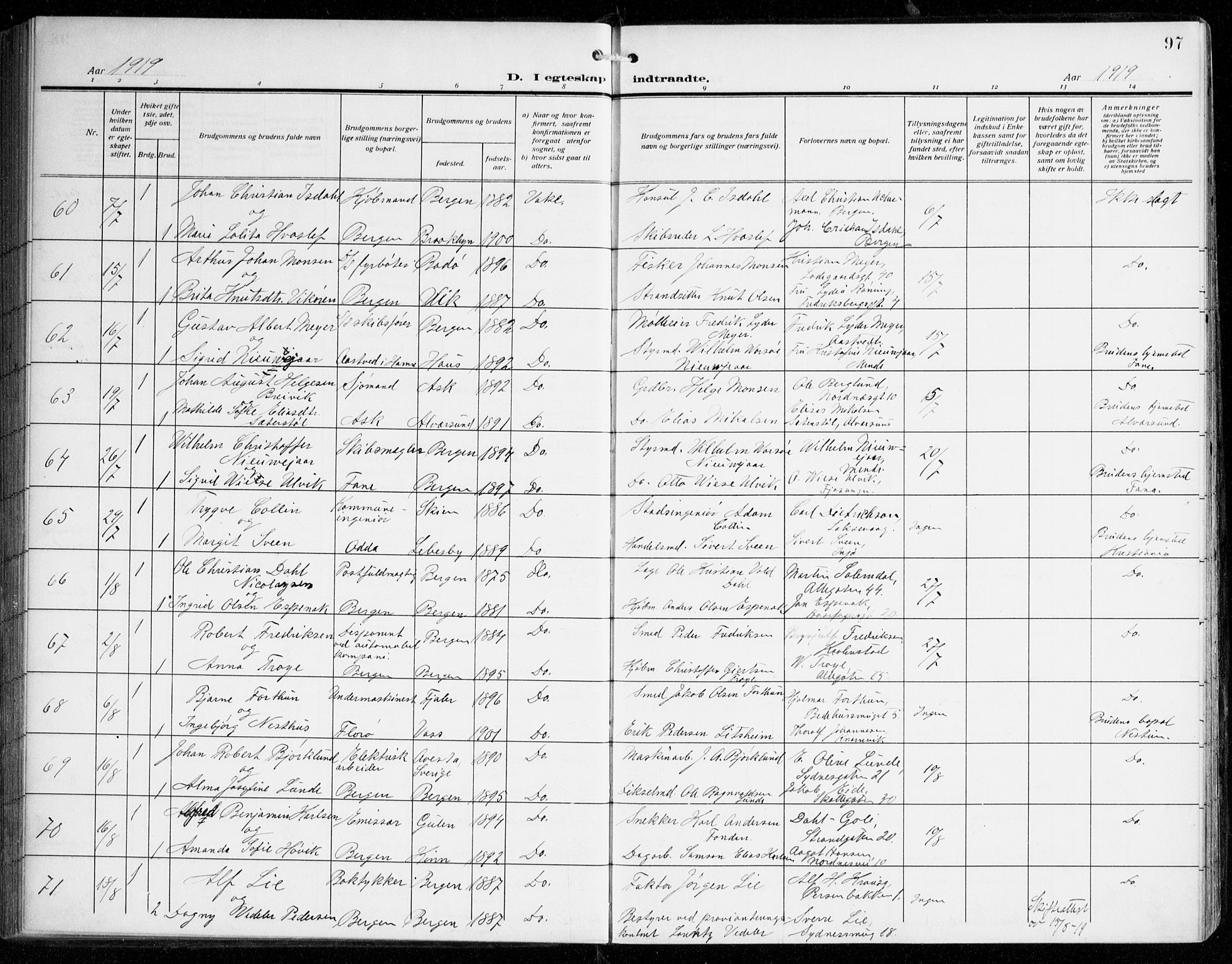 Johanneskirken sokneprestembete, SAB/A-76001/H/Haa/L0013: Parish register (official) no. D 2, 1912-1929, p. 97