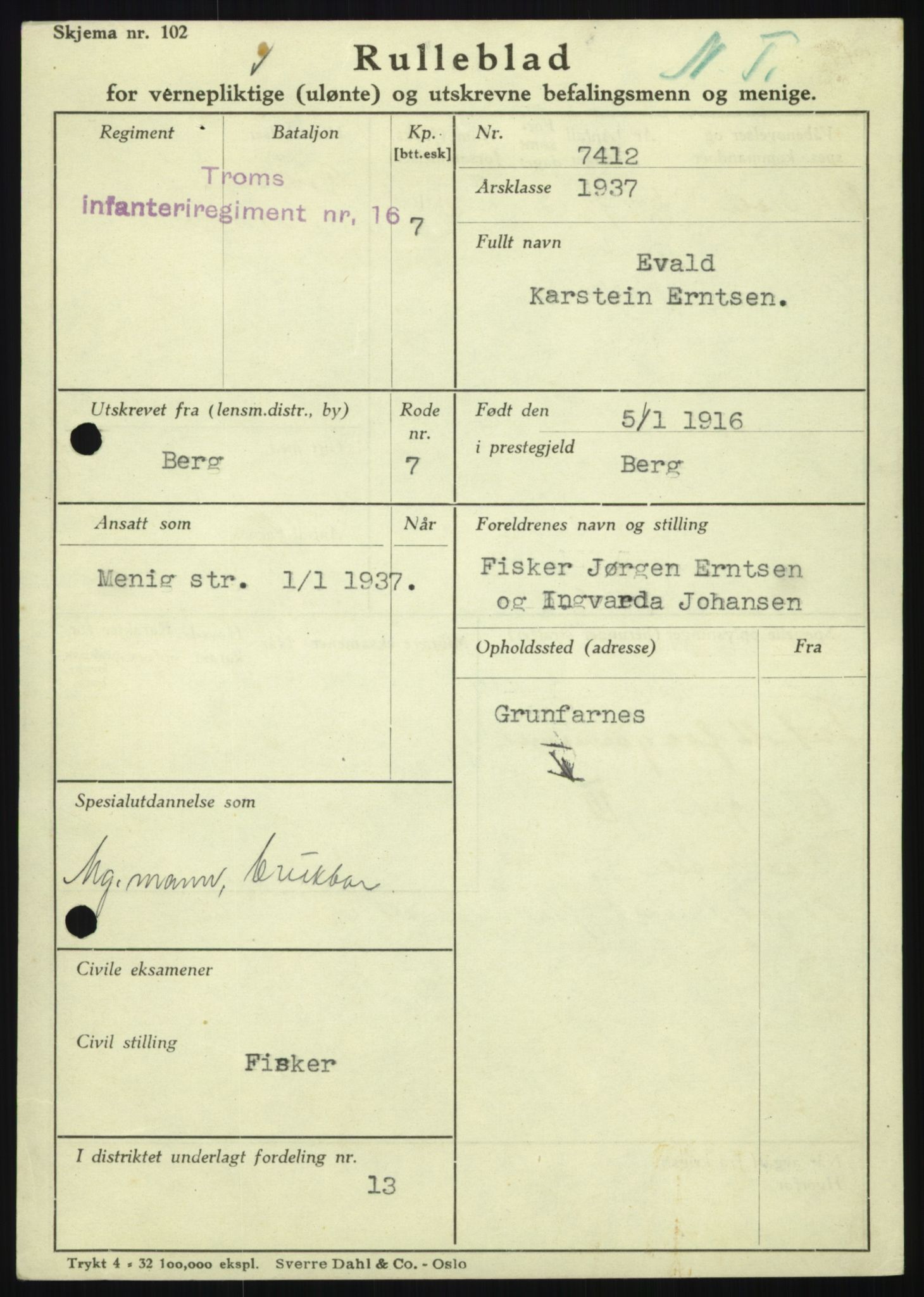 Forsvaret, Troms infanteriregiment nr. 16, AV/RA-RAFA-3146/P/Pa/L0021: Rulleblad for regimentets menige mannskaper, årsklasse 1937, 1937, p. 161