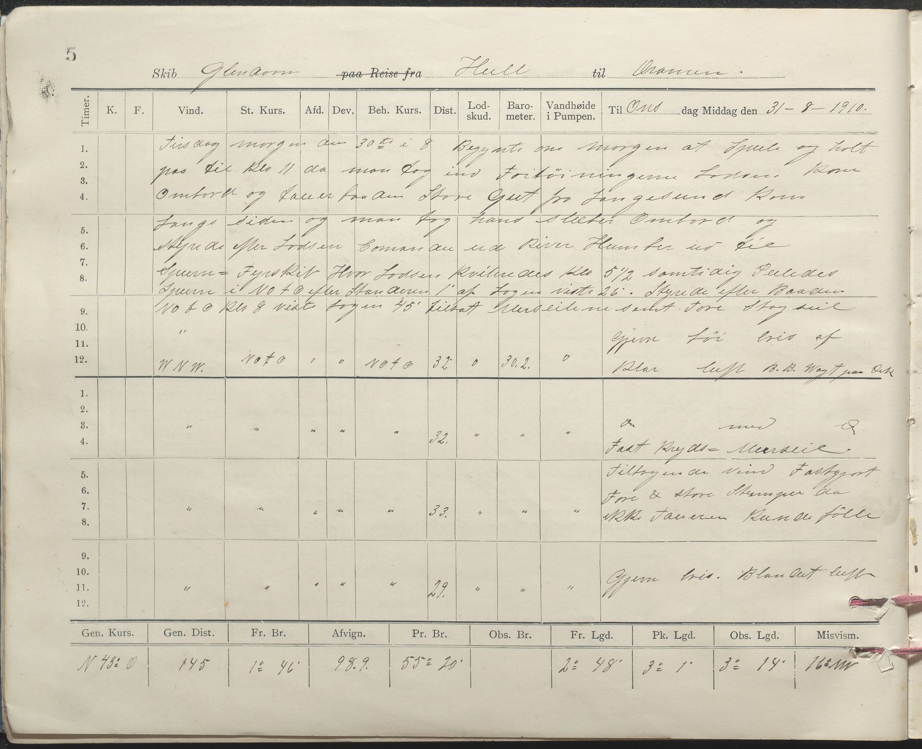 , PA-1348 Mathiesen, Erik Martinius; logbok Glendoon 1910-1911, 1910-1911, p. 5