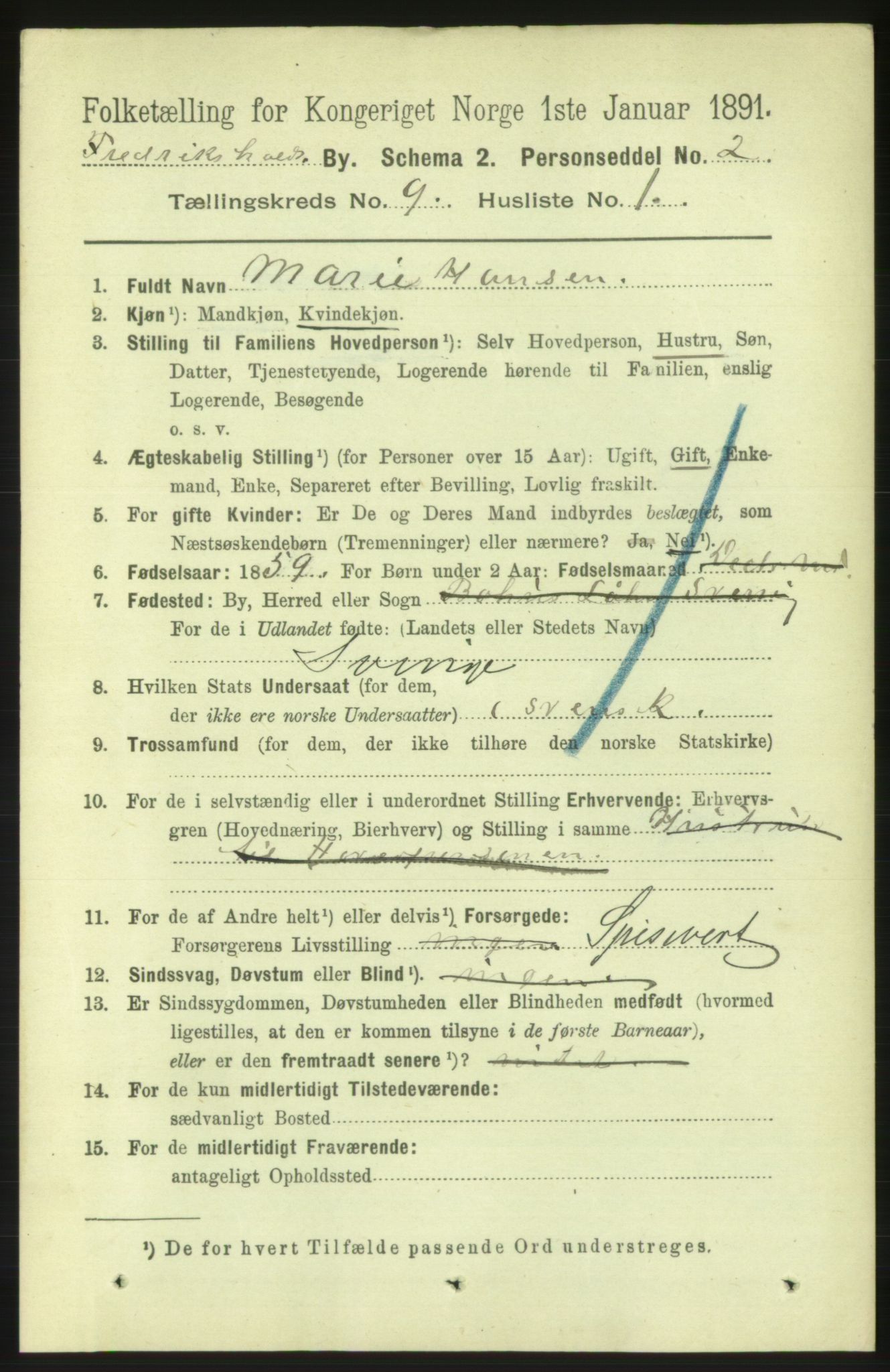 RA, 1891 census for 0101 Fredrikshald, 1891, p. 5911