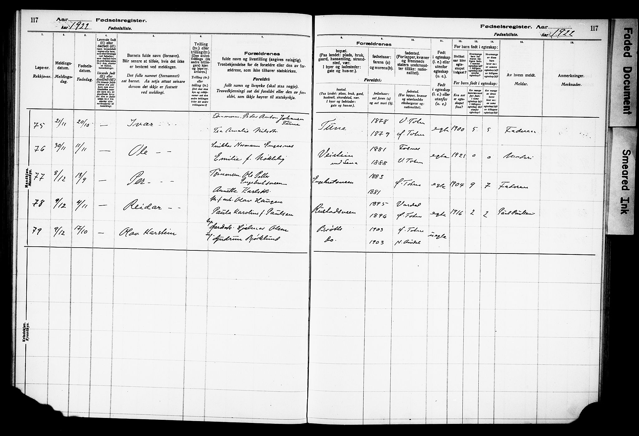 Østre Toten prestekontor, AV/SAH-PREST-104/I/Id/L0001/0001: Birth register no. 1.1, 1916-1928, p. 117