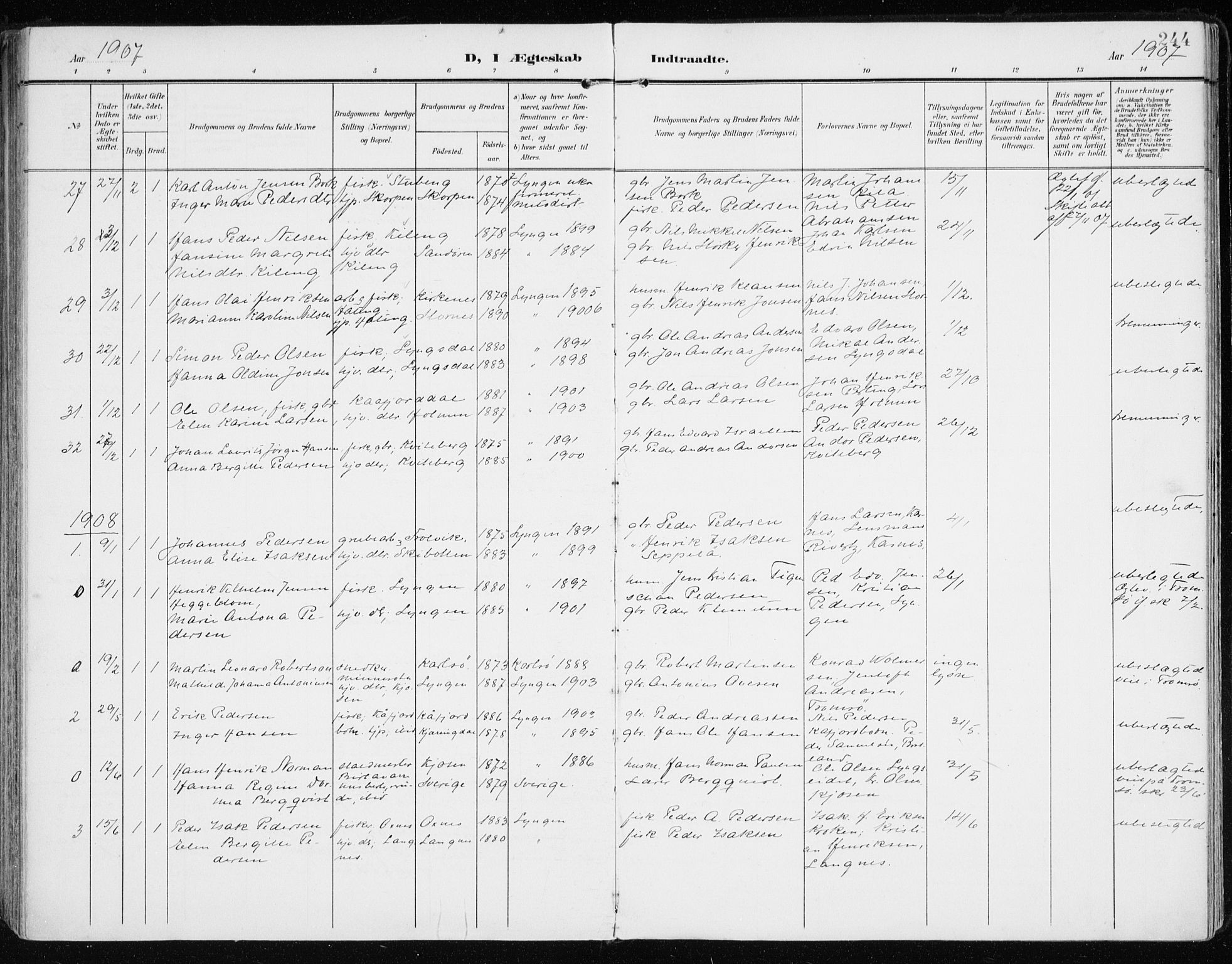 Lyngen sokneprestembete, SATØ/S-1289/H/He/Hea/L0011kirke: Parish register (official) no. 11, 1903-1913, p. 244