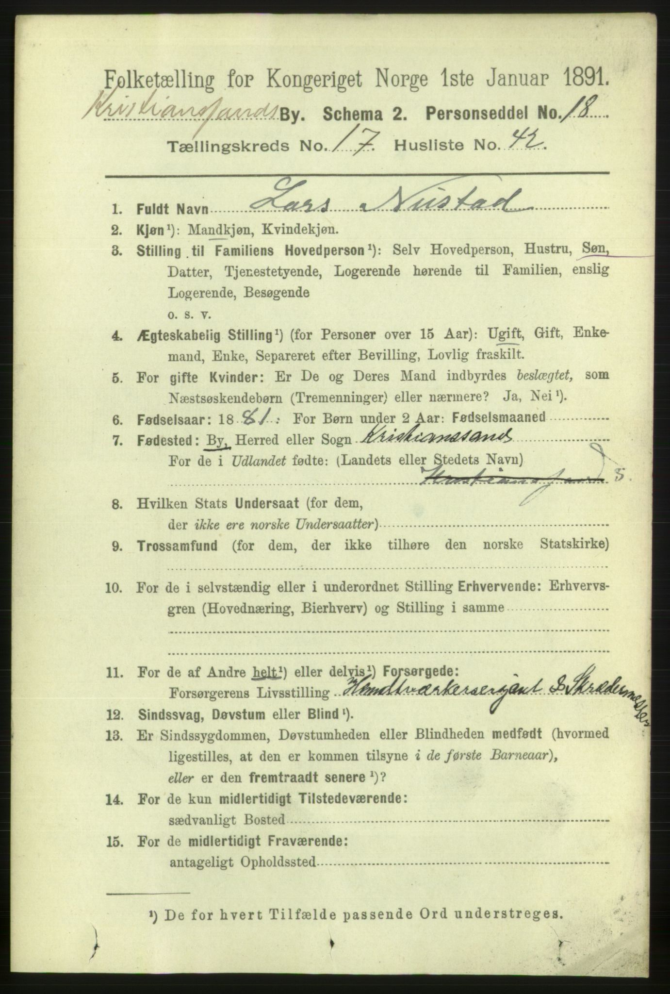 RA, 1891 census for 1001 Kristiansand, 1891, p. 7188