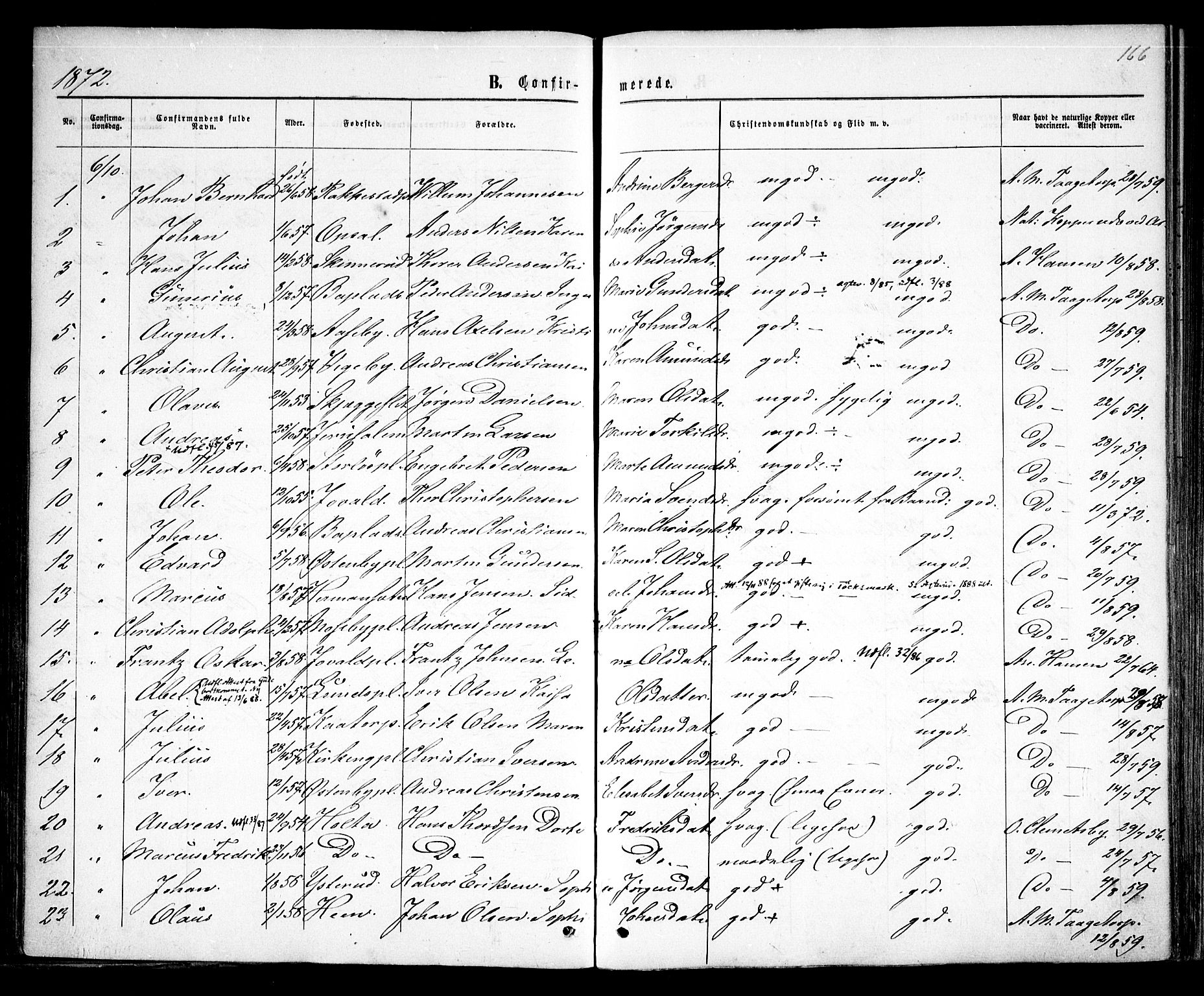 Rødenes prestekontor Kirkebøker, AV/SAO-A-2005/F/Fa/L0008: Parish register (official) no. I 8, 1869-1879, p. 166