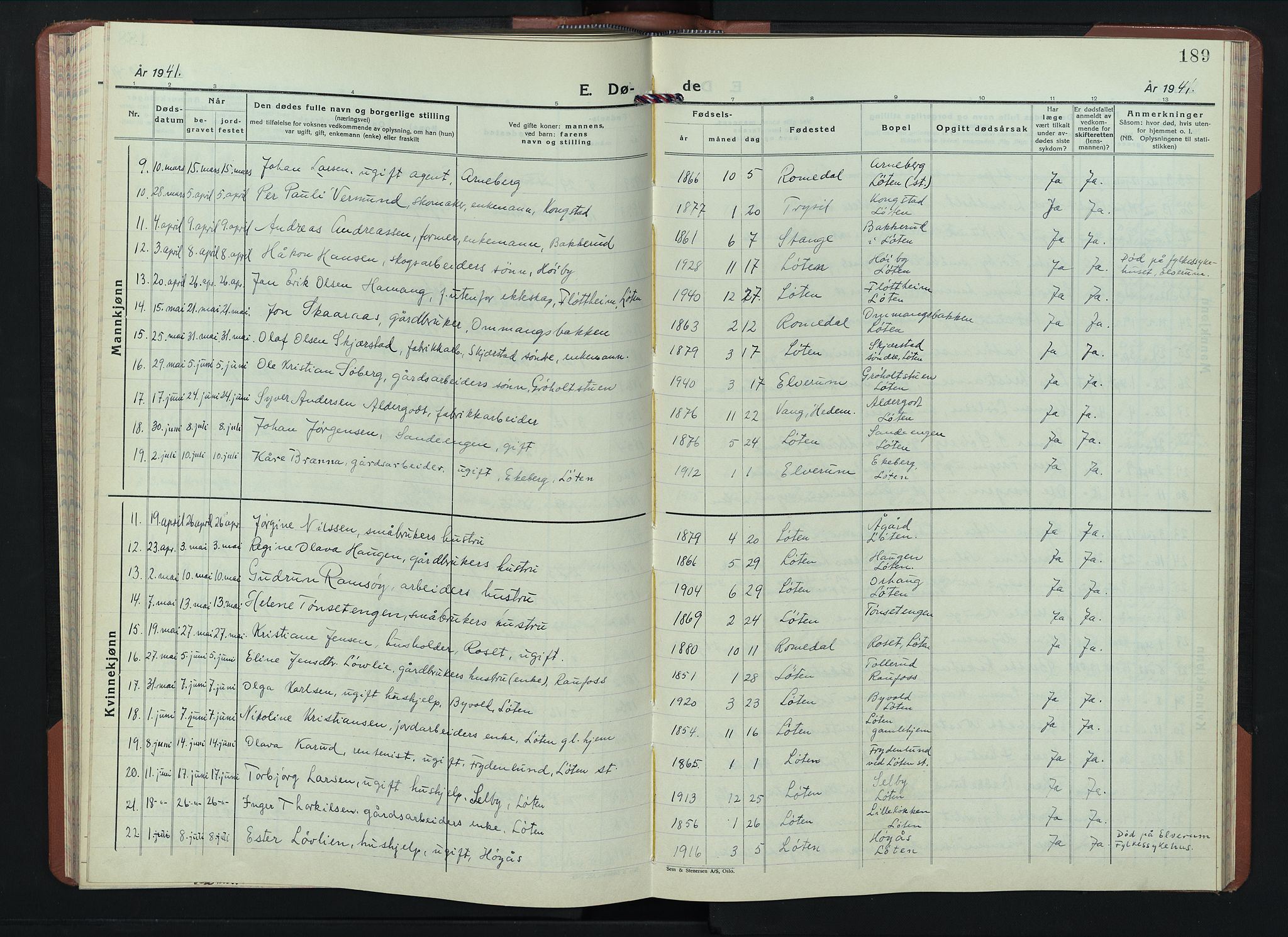 Løten prestekontor, SAH/PREST-022/L/La/L0010: Parish register (copy) no. 10, 1940-1945, p. 189