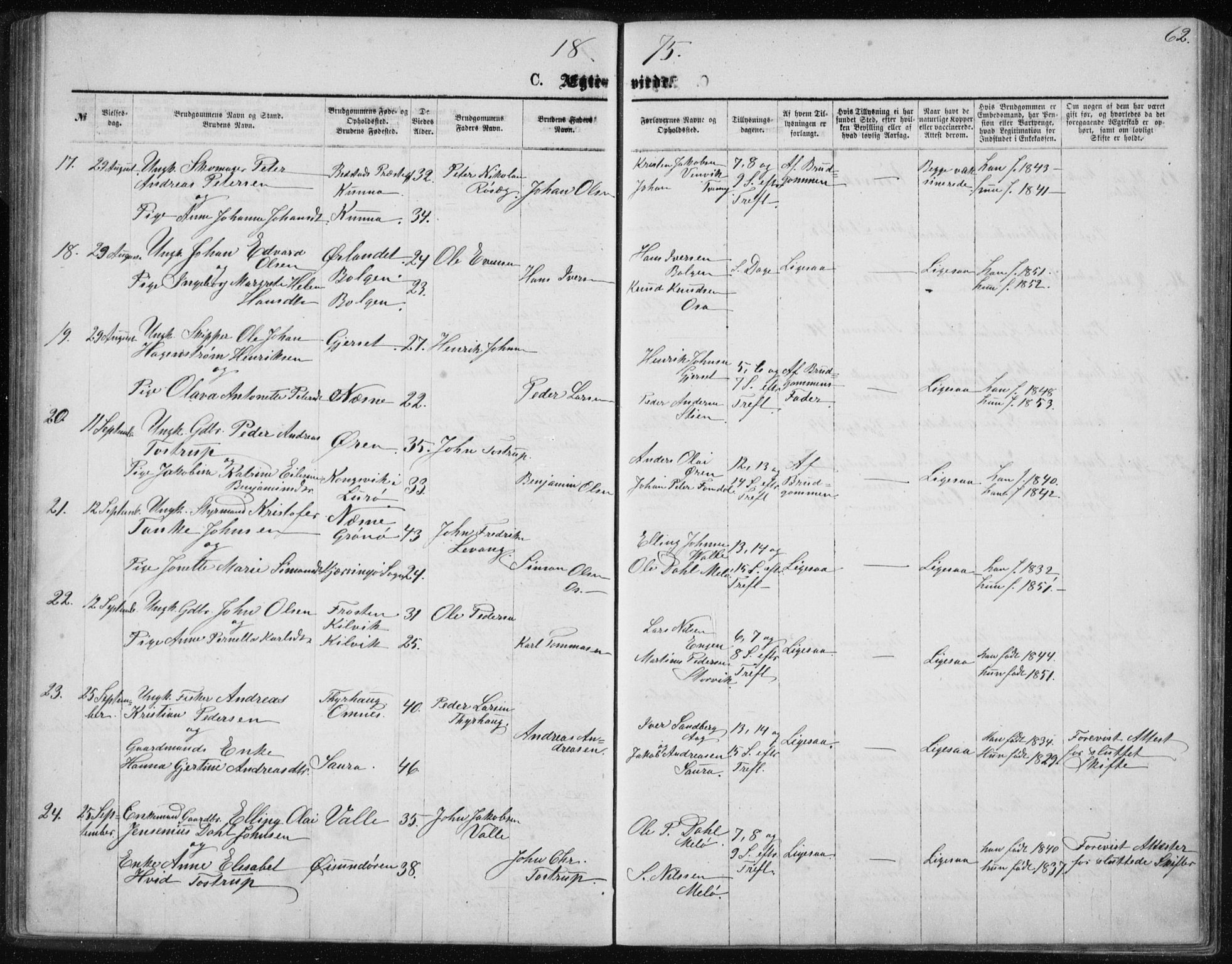 Ministerialprotokoller, klokkerbøker og fødselsregistre - Nordland, SAT/A-1459/843/L0635: Parish register (copy) no. 843C04, 1872-1887, p. 62