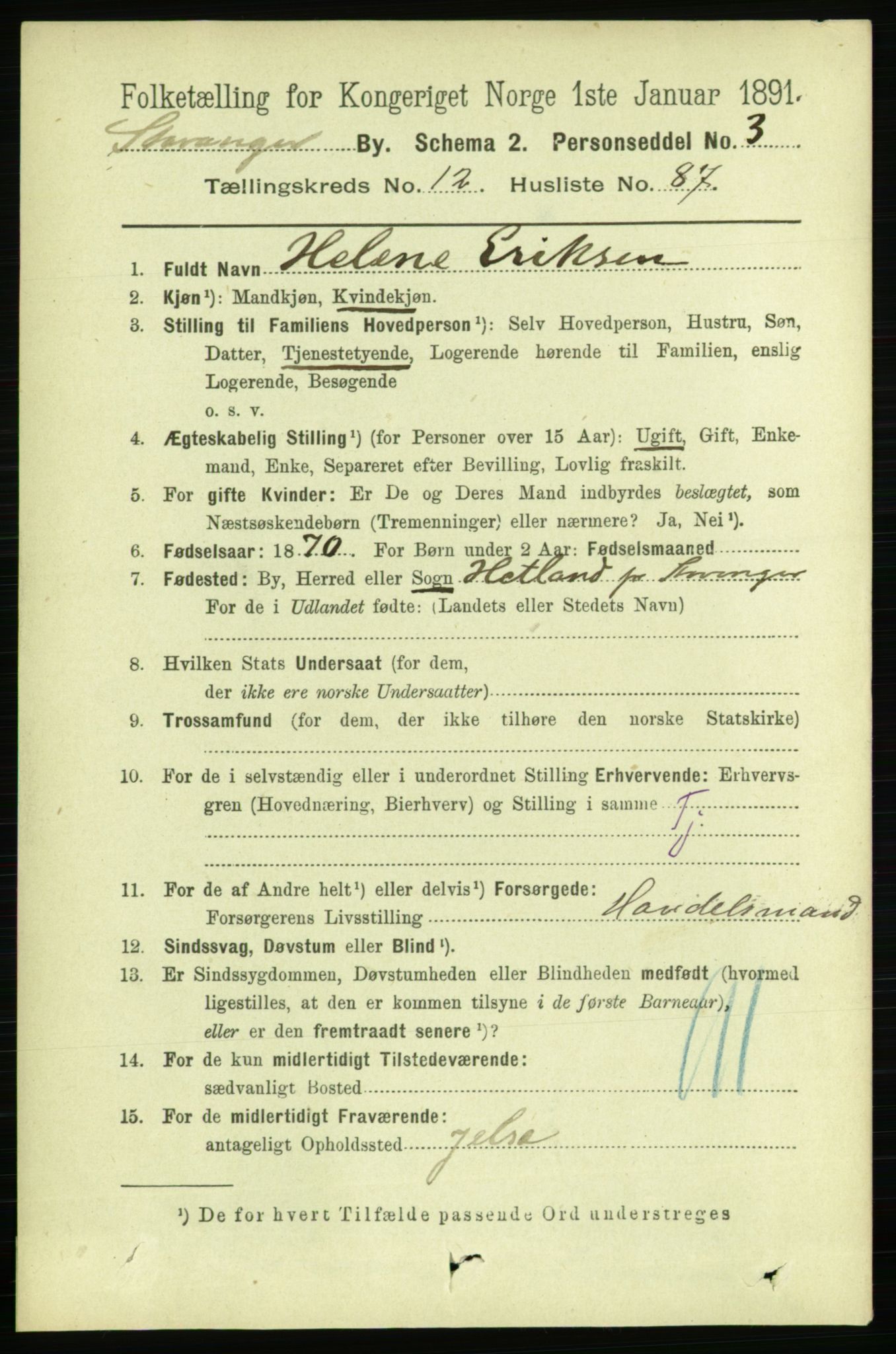 RA, 1891 census for 1103 Stavanger, 1891, p. 15890