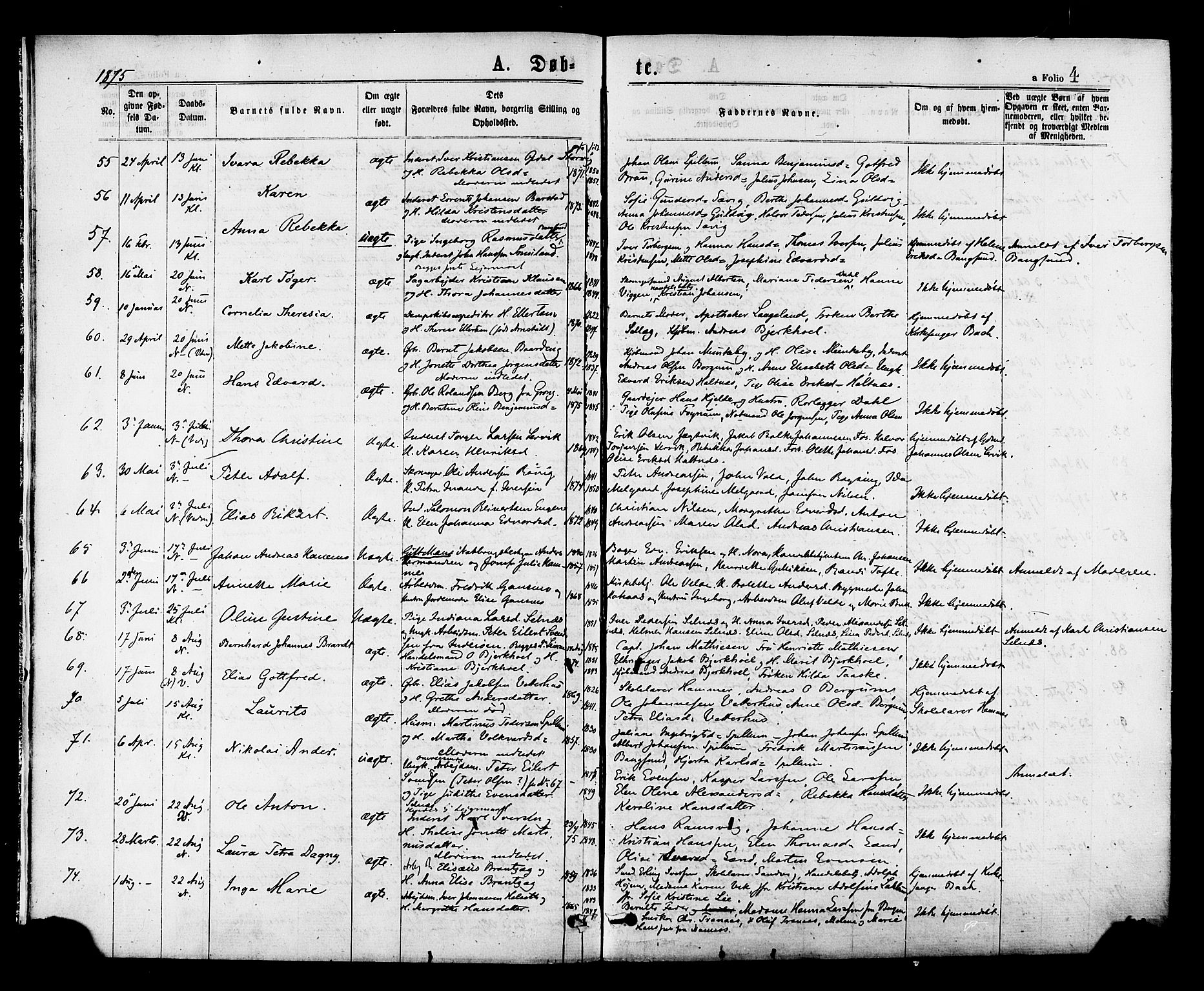 Ministerialprotokoller, klokkerbøker og fødselsregistre - Nord-Trøndelag, SAT/A-1458/768/L0572: Parish register (official) no. 768A07, 1874-1886, p. 4