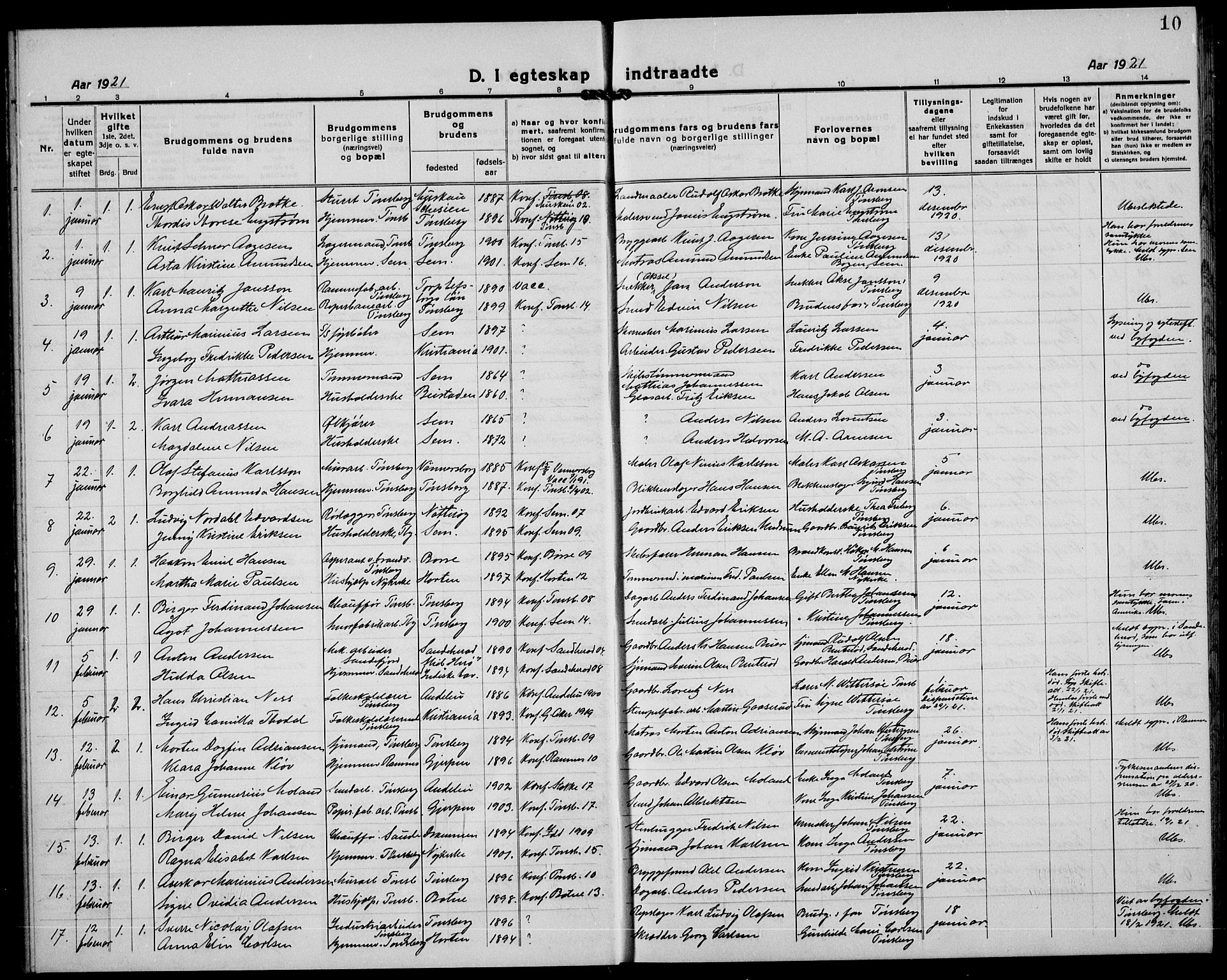 Tønsberg kirkebøker, AV/SAKO-A-330/G/Ga/L0016: Parish register (copy) no. 16, 1920-1933, p. 10