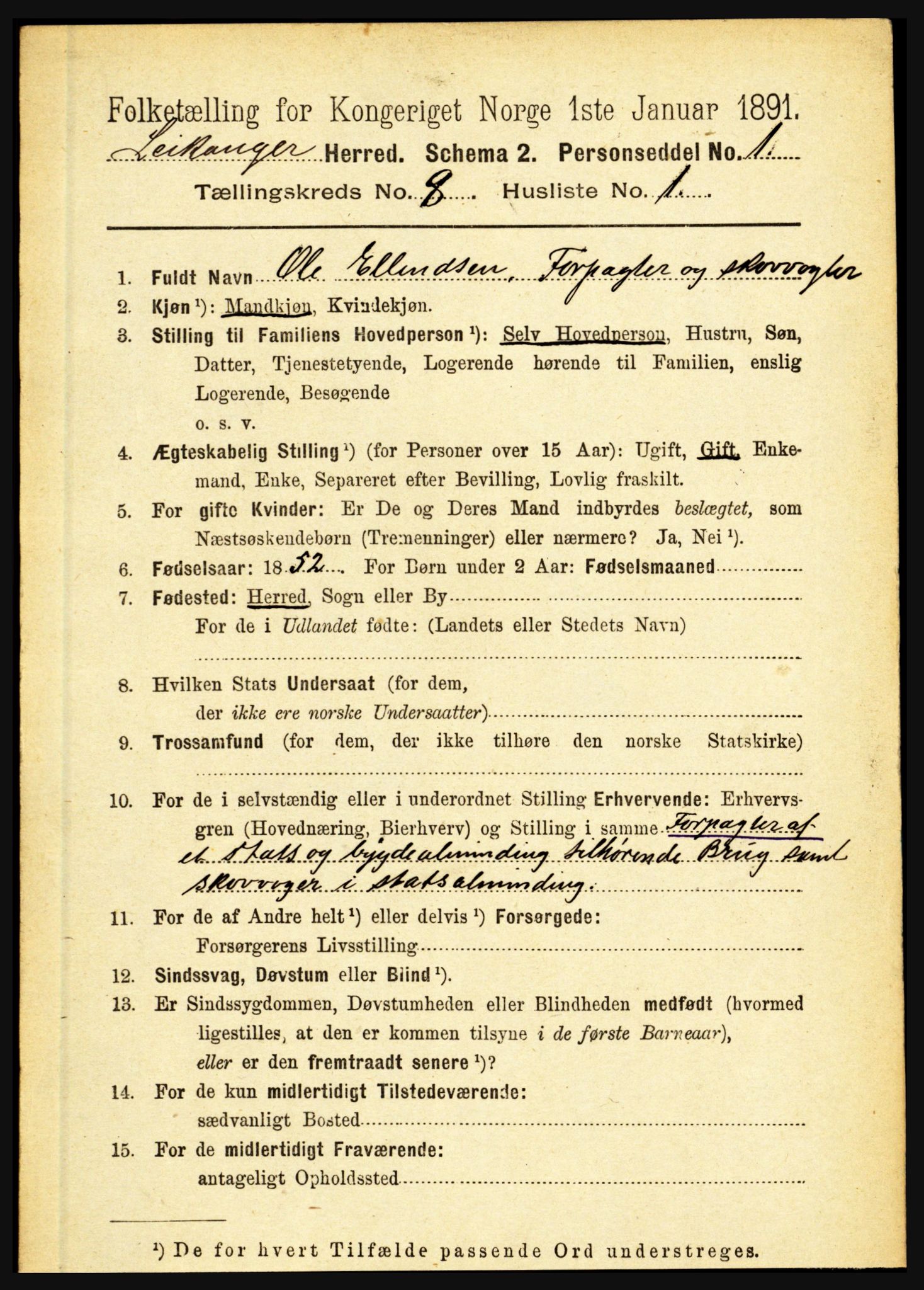 RA, 1891 census for 1419 Leikanger, 1891, p. 1581