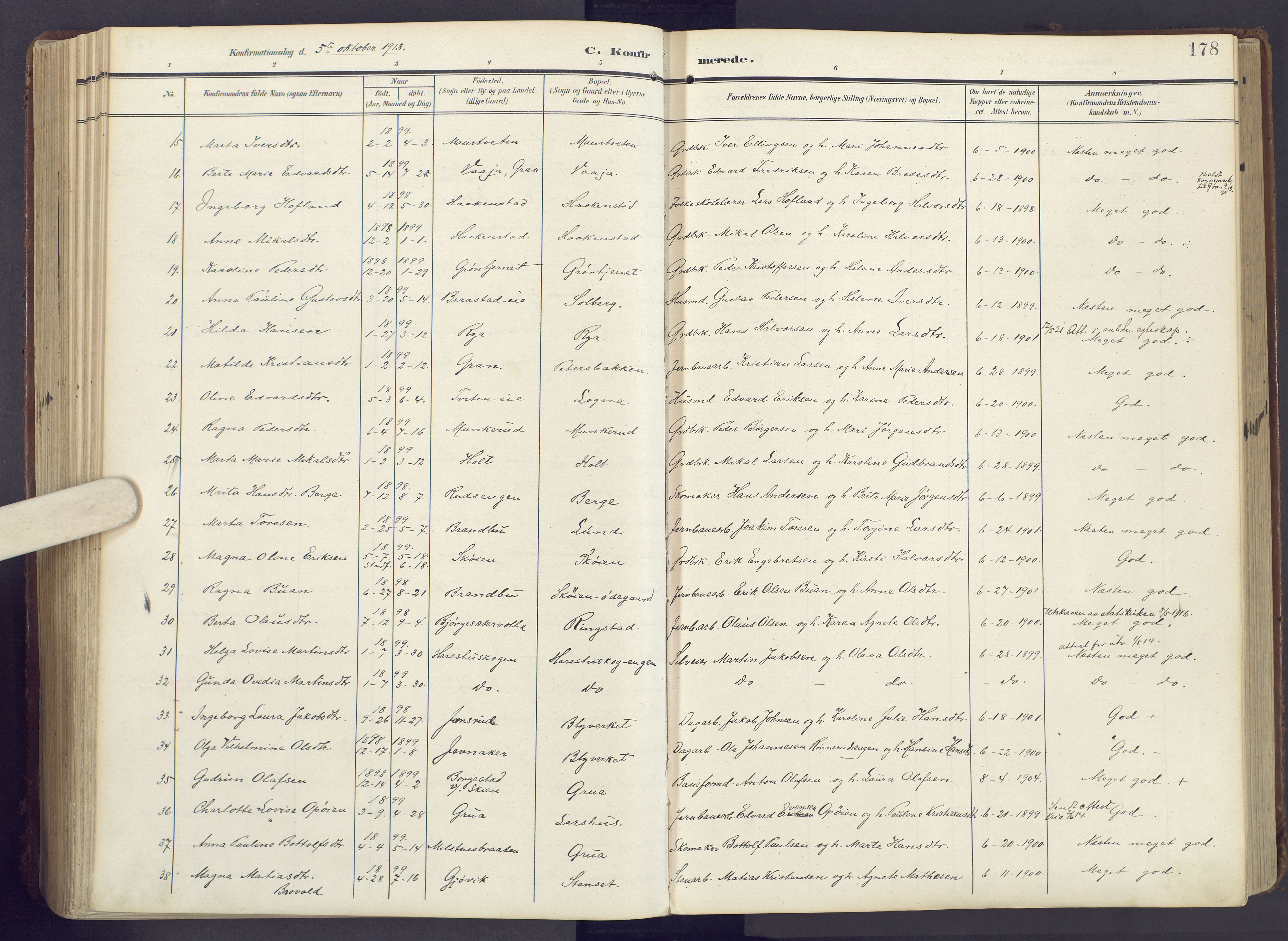 Lunner prestekontor, SAH/PREST-118/H/Ha/Haa/L0001: Parish register (official) no. 1, 1907-1922, p. 178