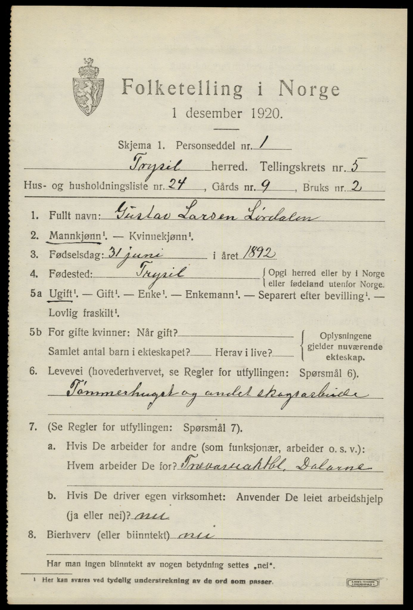 SAH, 1920 census for Trysil, 1920, p. 4517