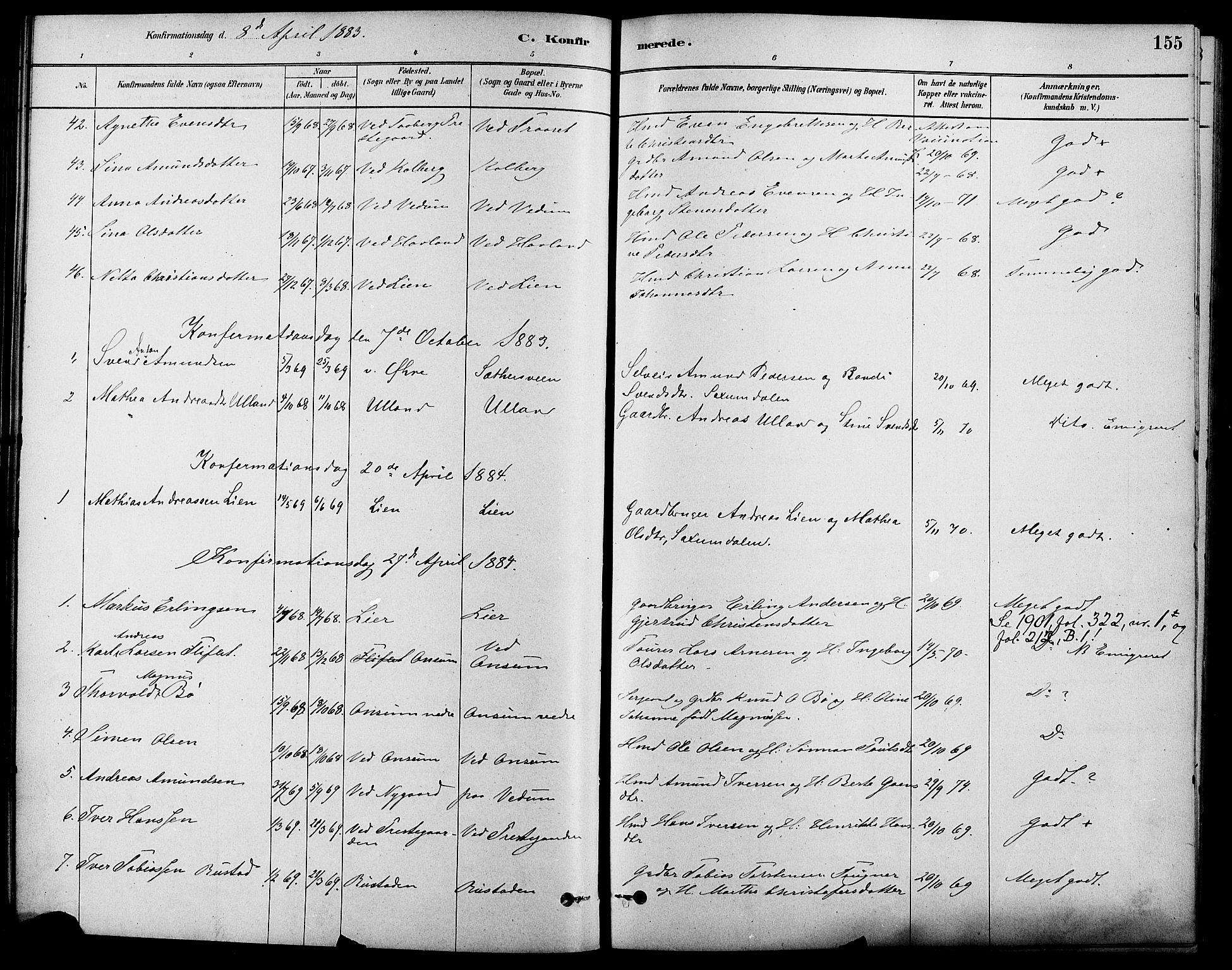 Fåberg prestekontor, SAH/PREST-086/H/Ha/Haa/L0008: Parish register (official) no. 8, 1879-1898, p. 155