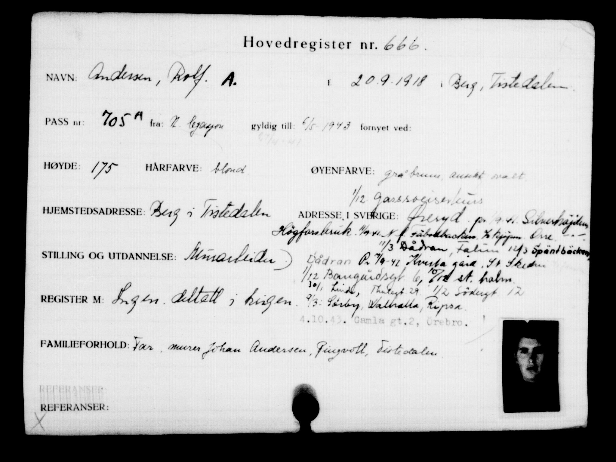 Utenriksstasjonene, Legasjonen i Stockholm, Flyktningkontoret, AV/RA-S-6753/V/Va/L0001: Kjesäterkartoteket, flyktninger med registreringsnr. 1-1000, 1940-1945, p. 1041