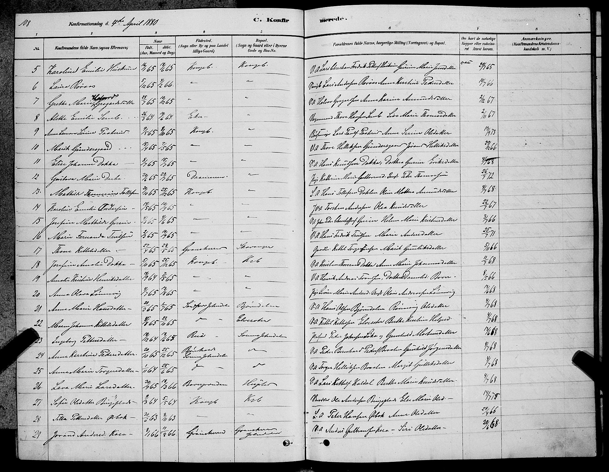 Kongsberg kirkebøker, AV/SAKO-A-22/G/Ga/L0005: Parish register (copy) no. 5, 1878-1889, p. 108