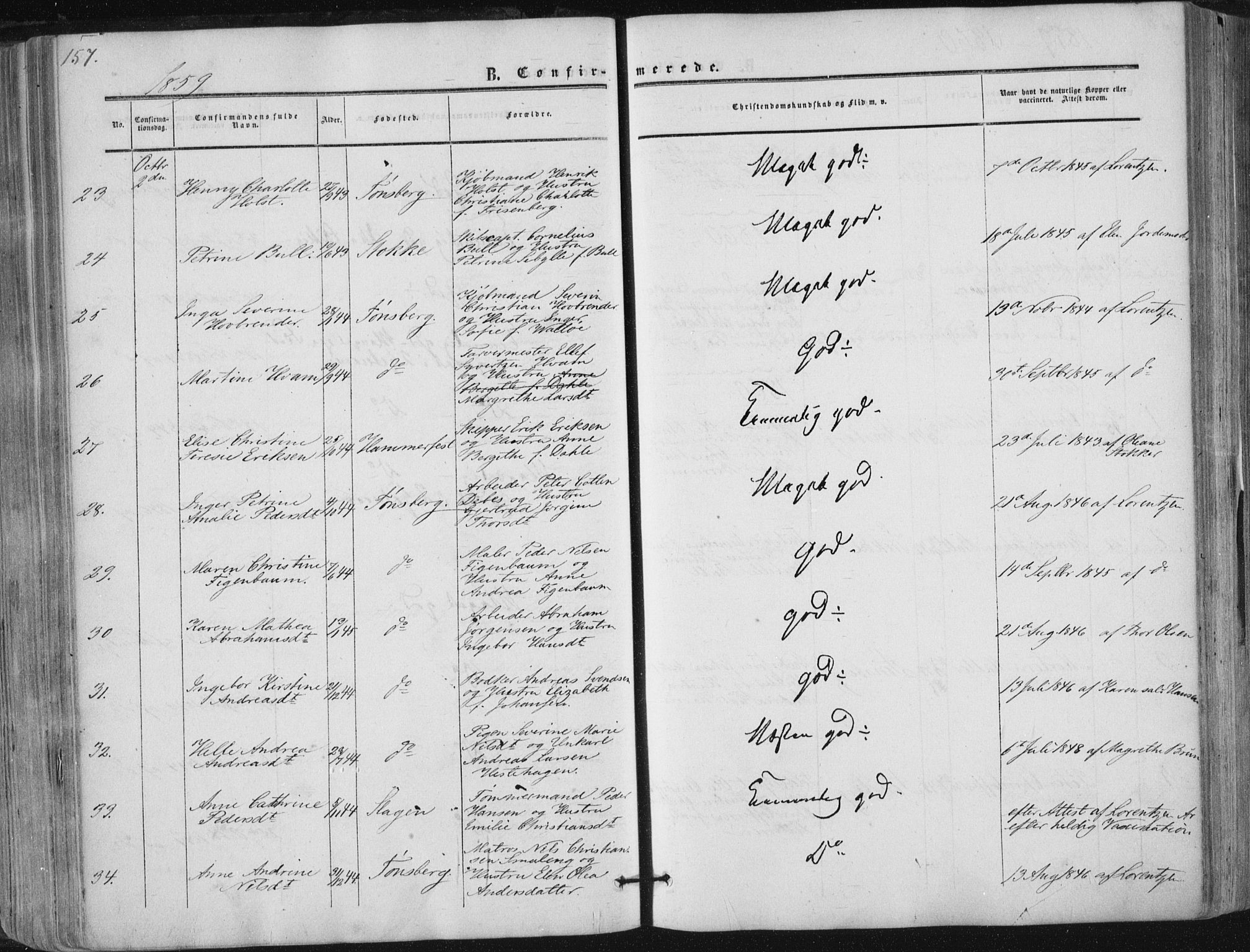 Tønsberg kirkebøker, AV/SAKO-A-330/F/Fa/L0008: Parish register (official) no. I 8, 1855-1864, p. 157