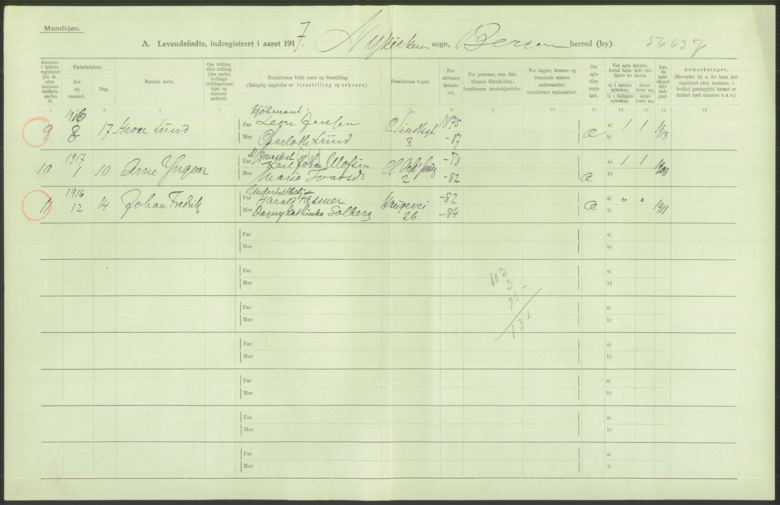 Statistisk sentralbyrå, Sosiodemografiske emner, Befolkning, AV/RA-S-2228/D/Df/Dfb/Dfbg/L0037: Bergen: Levendefødte menn og kvinner., 1917, p. 470