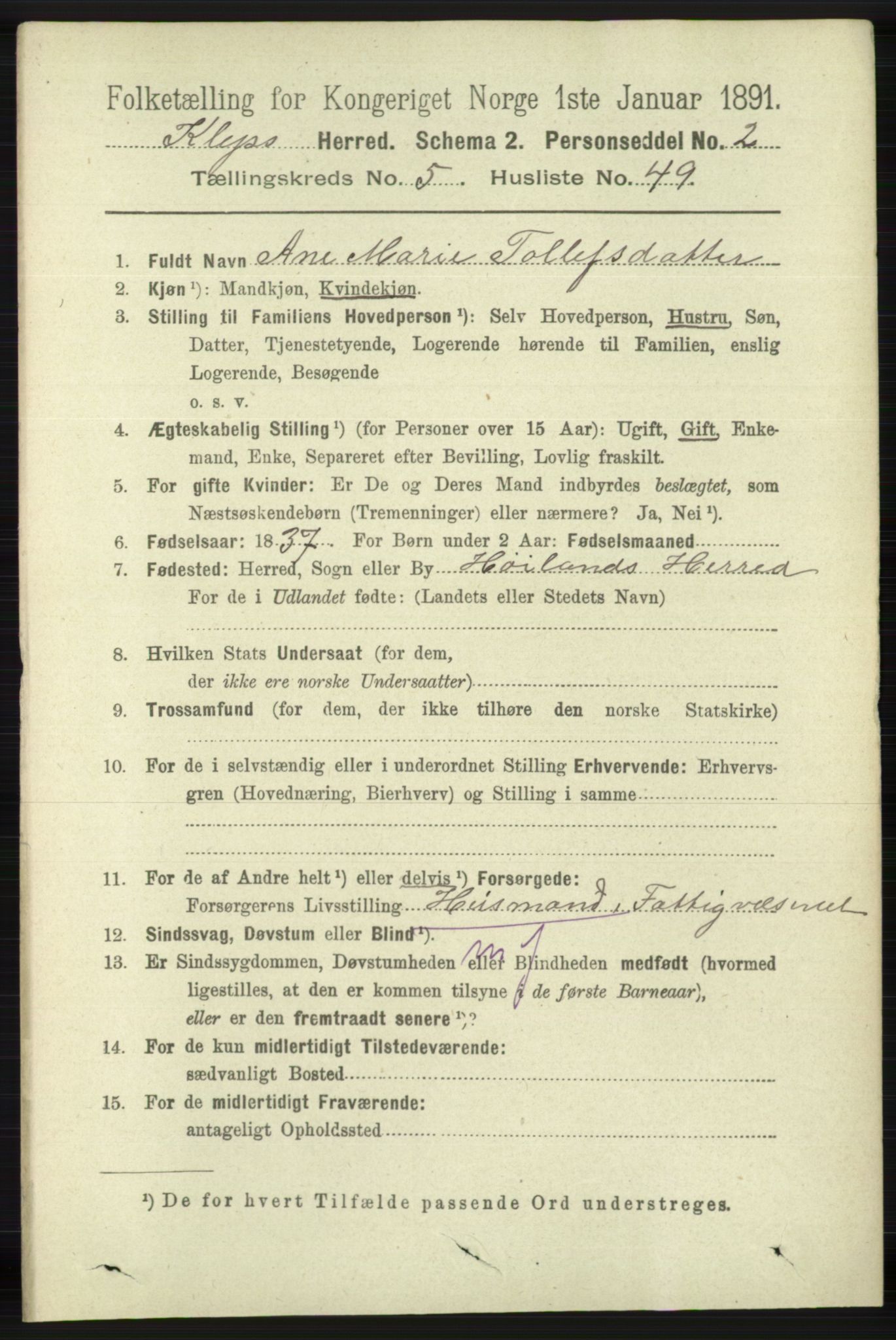 RA, 1891 census for 1120 Klepp, 1891, p. 1655