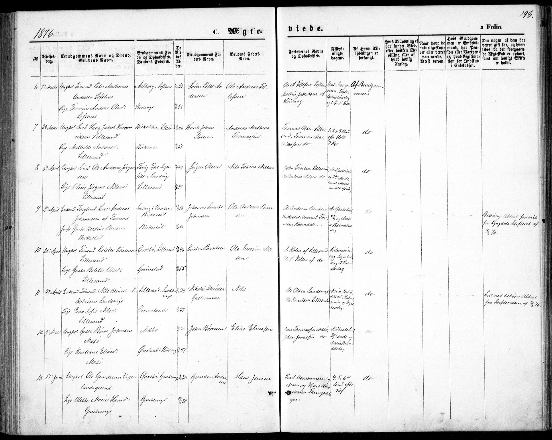 Vestre Moland sokneprestkontor, AV/SAK-1111-0046/F/Fb/Fbb/L0005: Parish register (copy) no. B 5, 1872-1883, p. 198