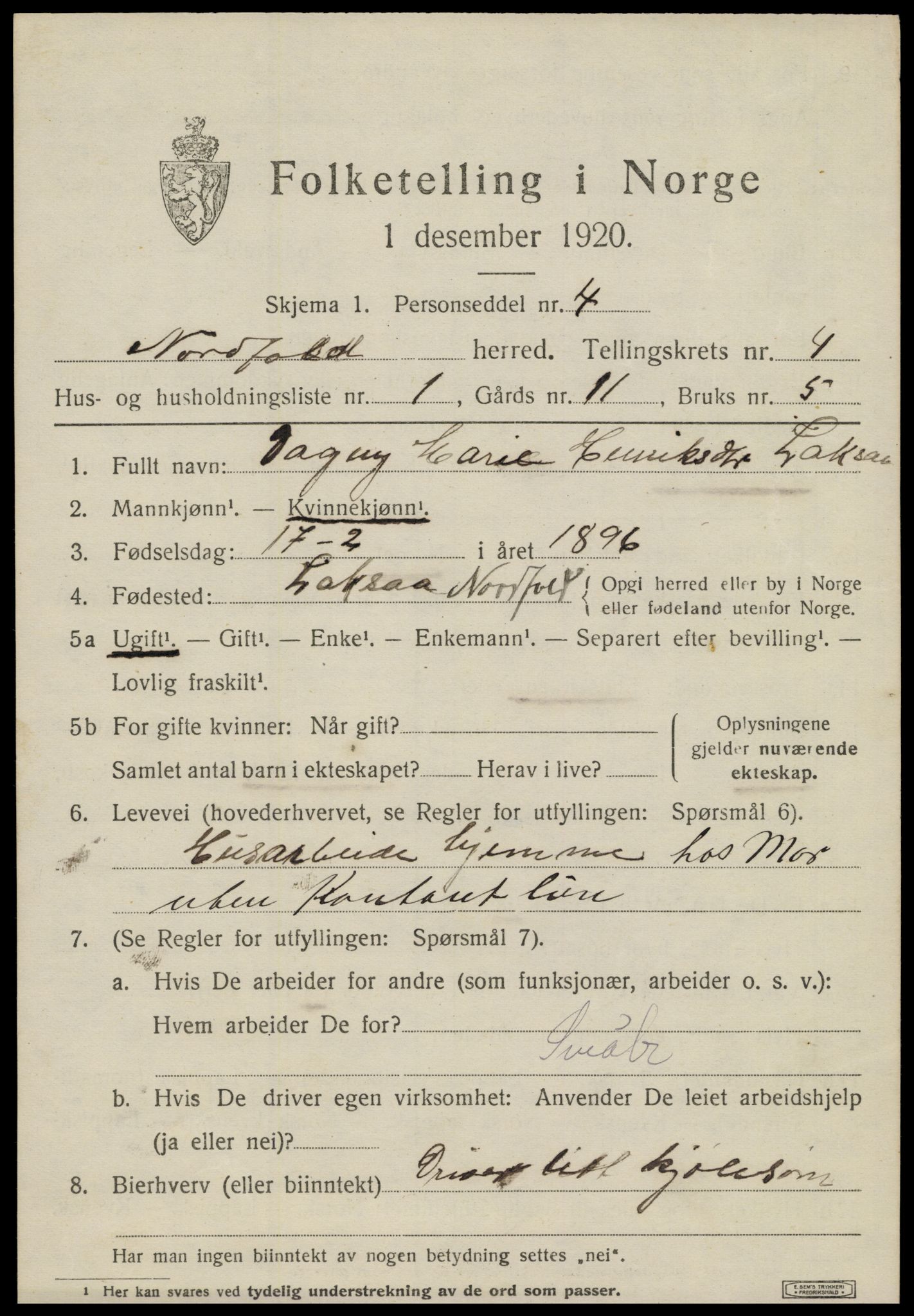 SAT, 1920 census for Nordfold, 1920, p. 1973