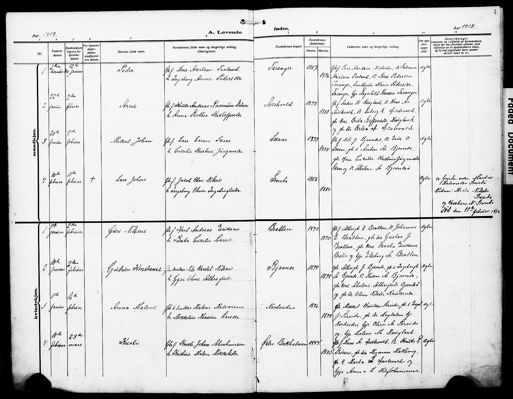 Austevoll Sokneprestembete, SAB/A-74201/H/Hab: Parish register (copy) no. A 5, 1913-1925, p. 4