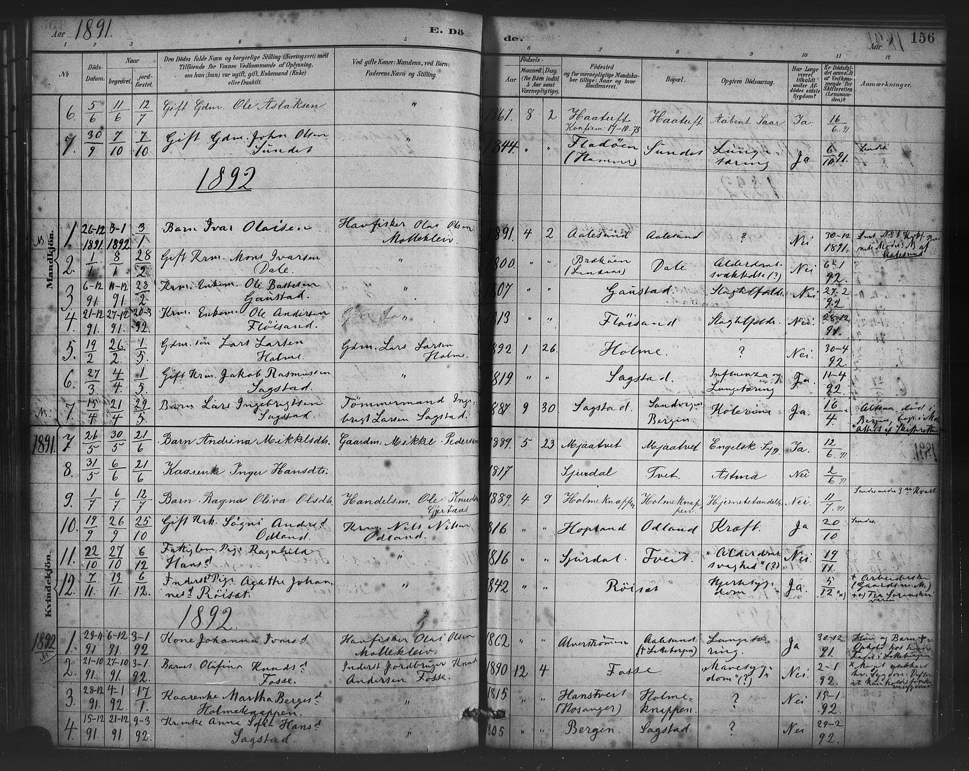 Alversund Sokneprestembete, SAB/A-73901/H/Ha/Haa/Haac/L0001: Parish register (official) no. C 1, 1882-1900, p. 156