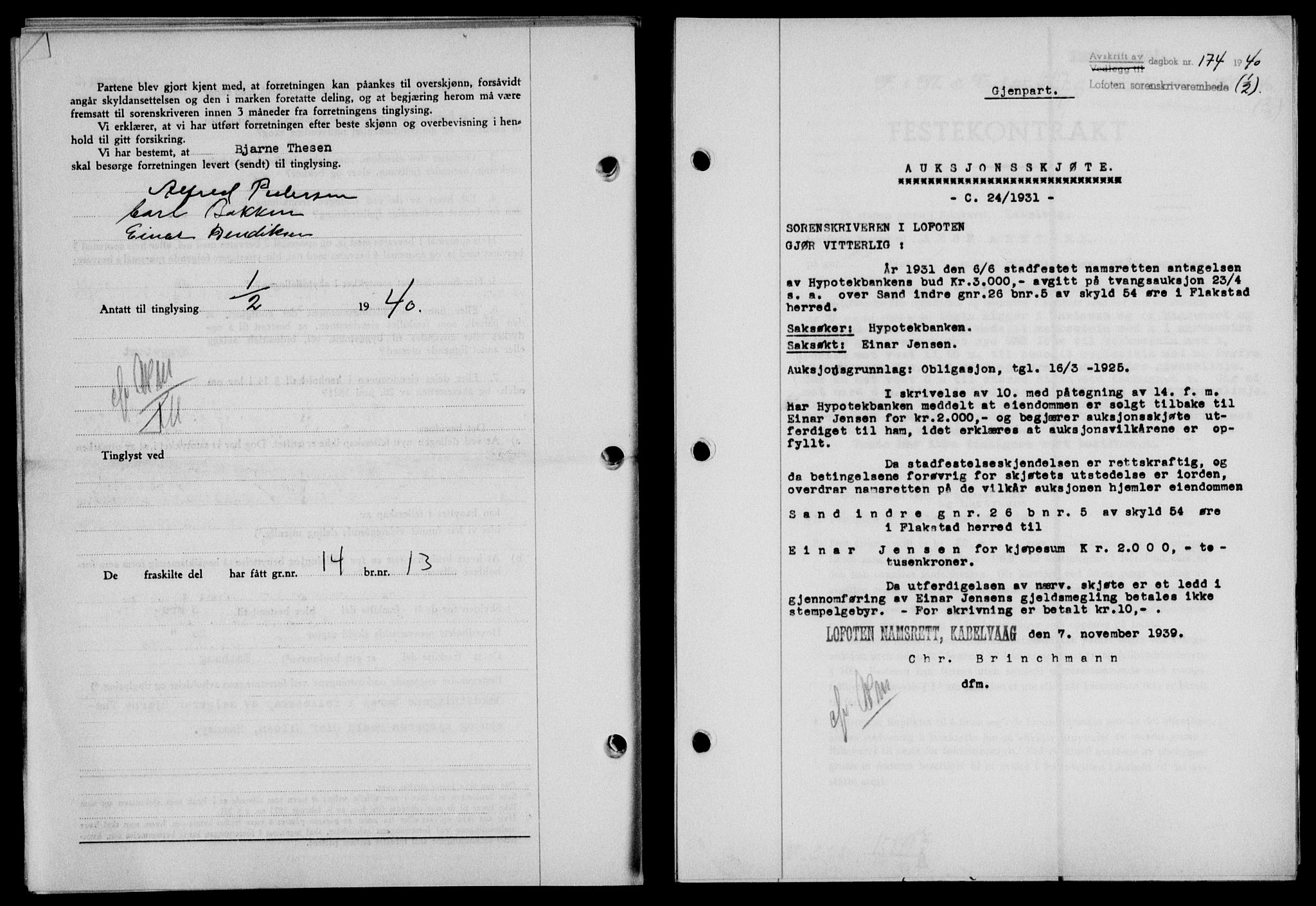 Lofoten sorenskriveri, SAT/A-0017/1/2/2C/L0007a: Mortgage book no. 7a, 1939-1940, Diary no: : 174/1940