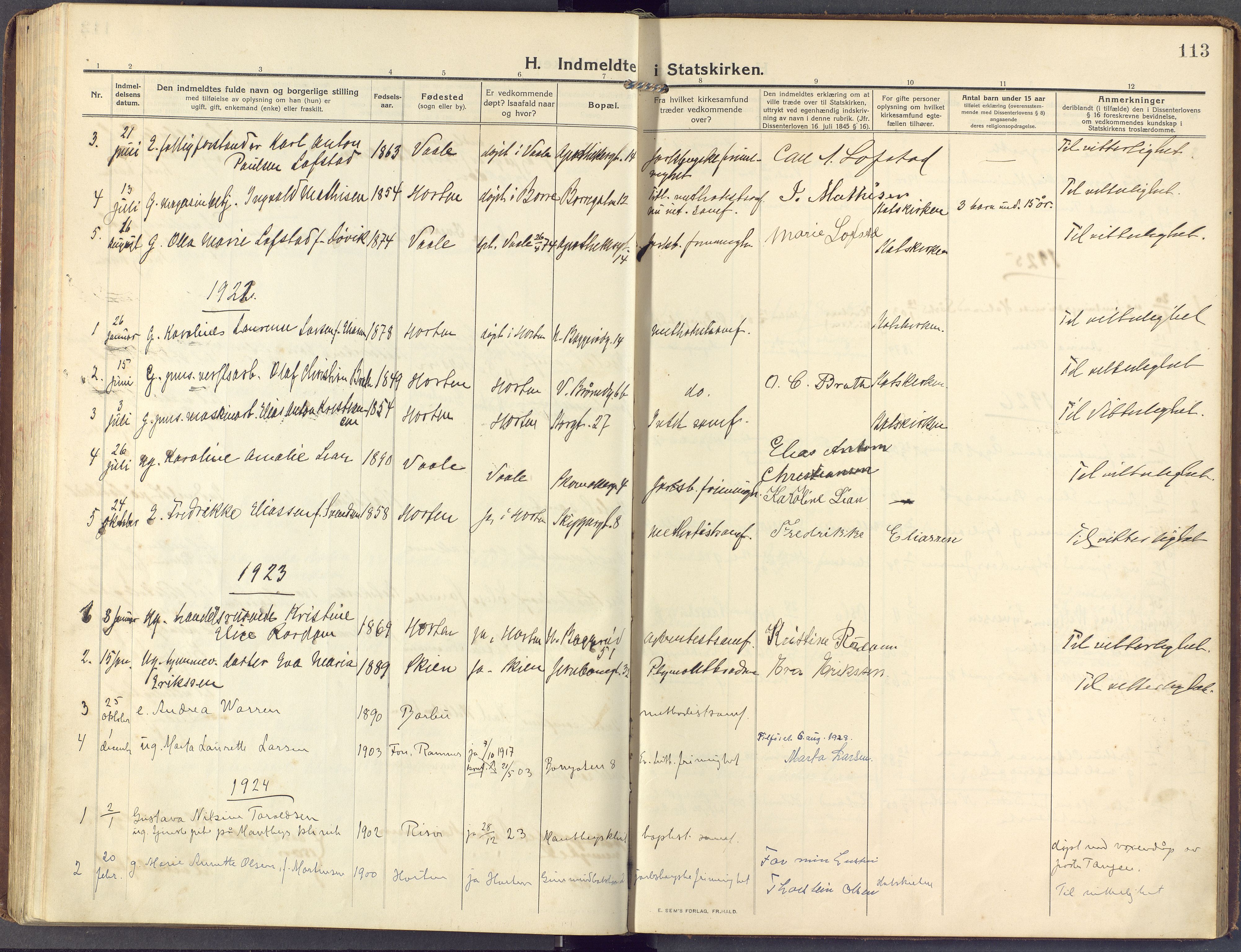 Horten kirkebøker, AV/SAKO-A-348/F/Fa/L0007: Parish register (official) no. 7, 1913-1926, p. 113