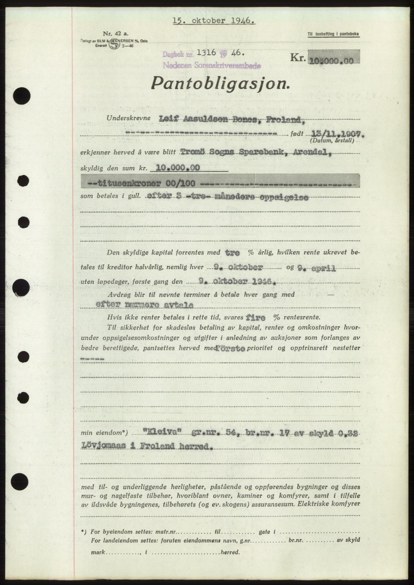 Nedenes sorenskriveri, SAK/1221-0006/G/Gb/Gbb/L0003: Mortgage book no. B3b, 1946-1946, Diary no: : 1316/1946