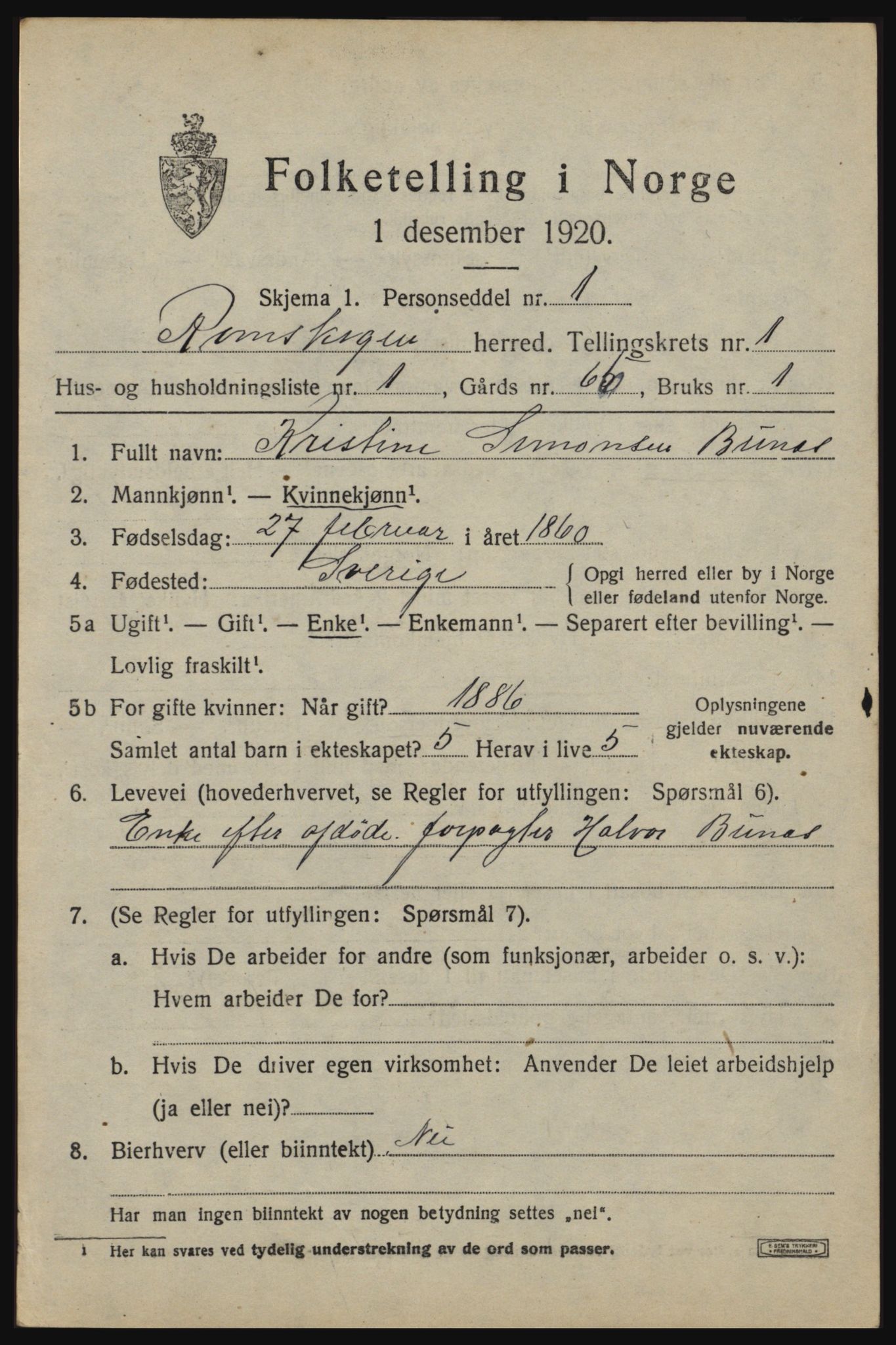 SAO, 1920 census for Rømskog, 1920, p. 222