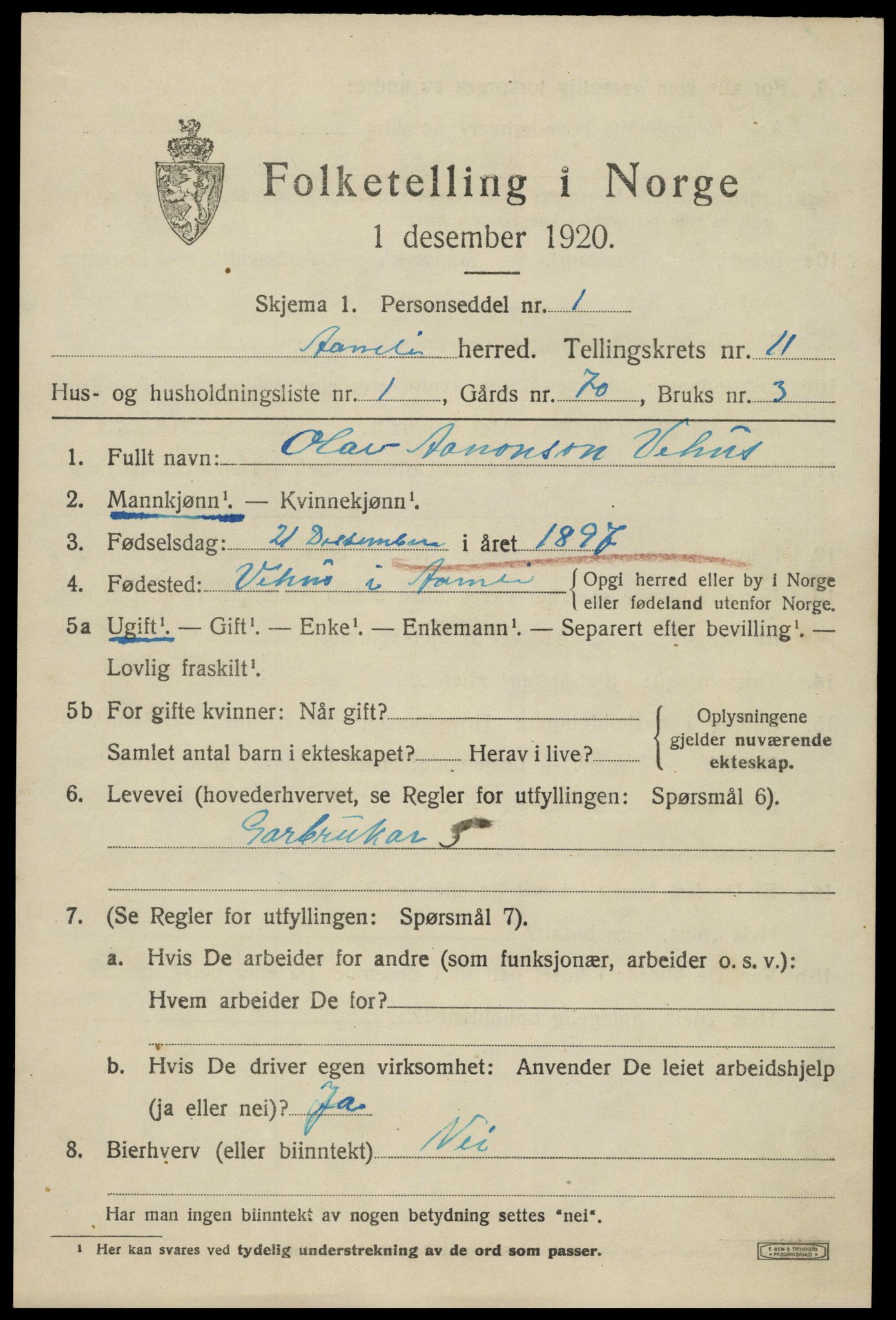 SAK, 1920 census for Åmli, 1920, p. 4197