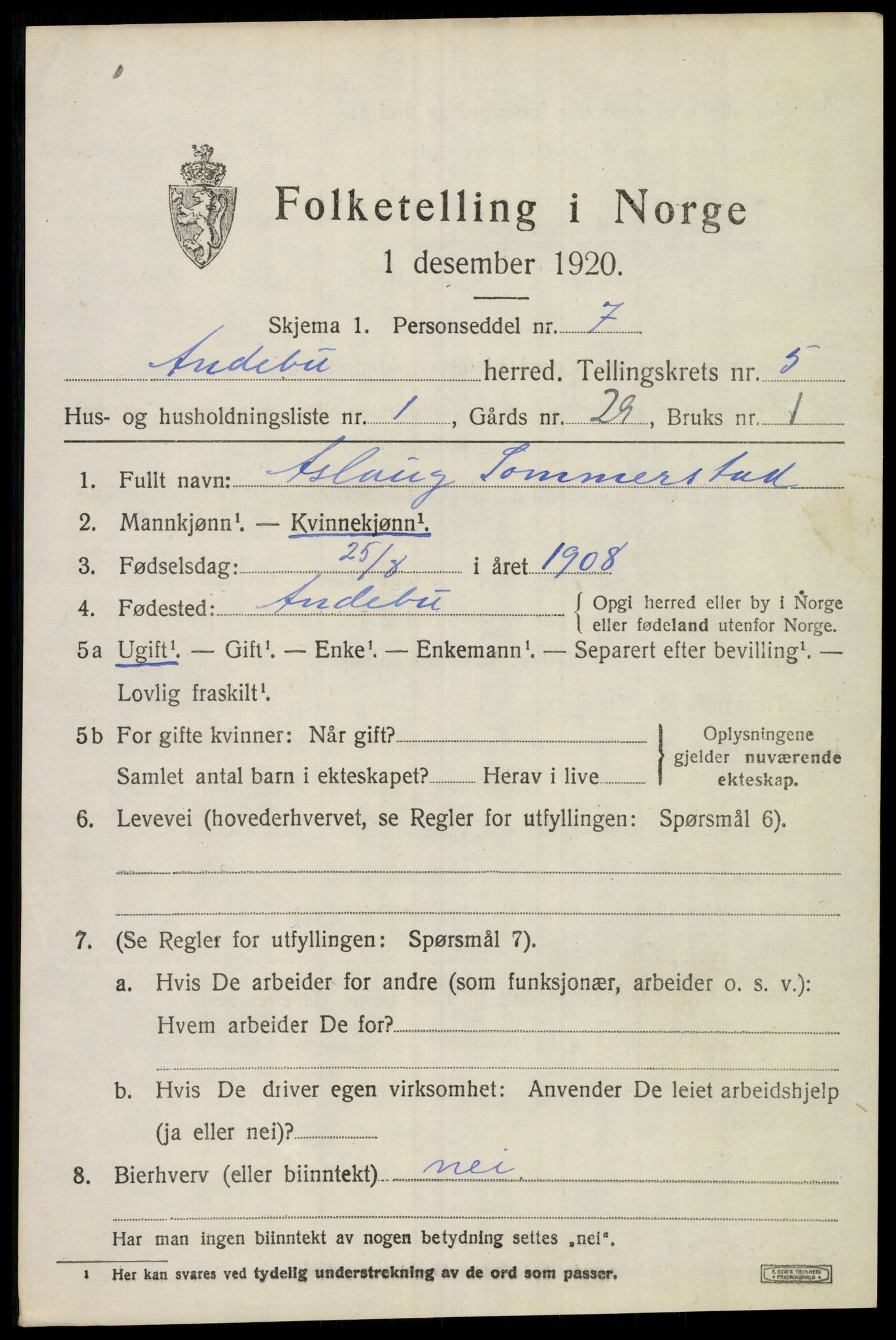 SAKO, 1920 census for Andebu, 1920, p. 2648