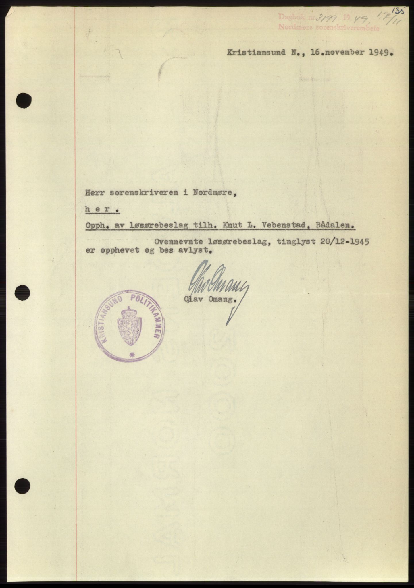 Nordmøre sorenskriveri, AV/SAT-A-4132/1/2/2Ca: Mortgage book no. B103, 1949-1950, Diary no: : 3199/1949