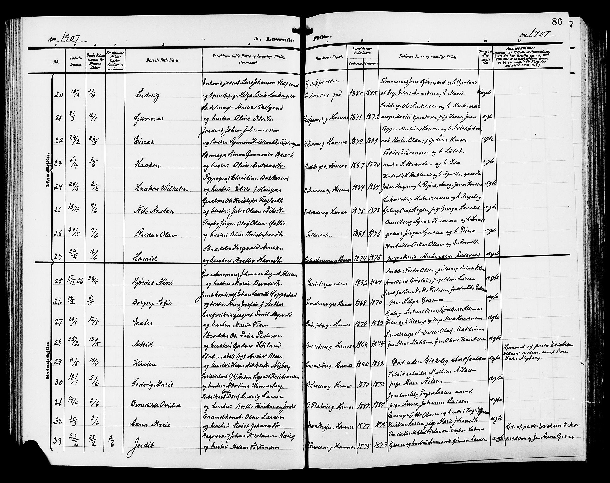 Hamar prestekontor, AV/SAH-DOMPH-002/H/Ha/Hab/L0001: Parish register (copy) no. 1, 1899-1914, p. 86