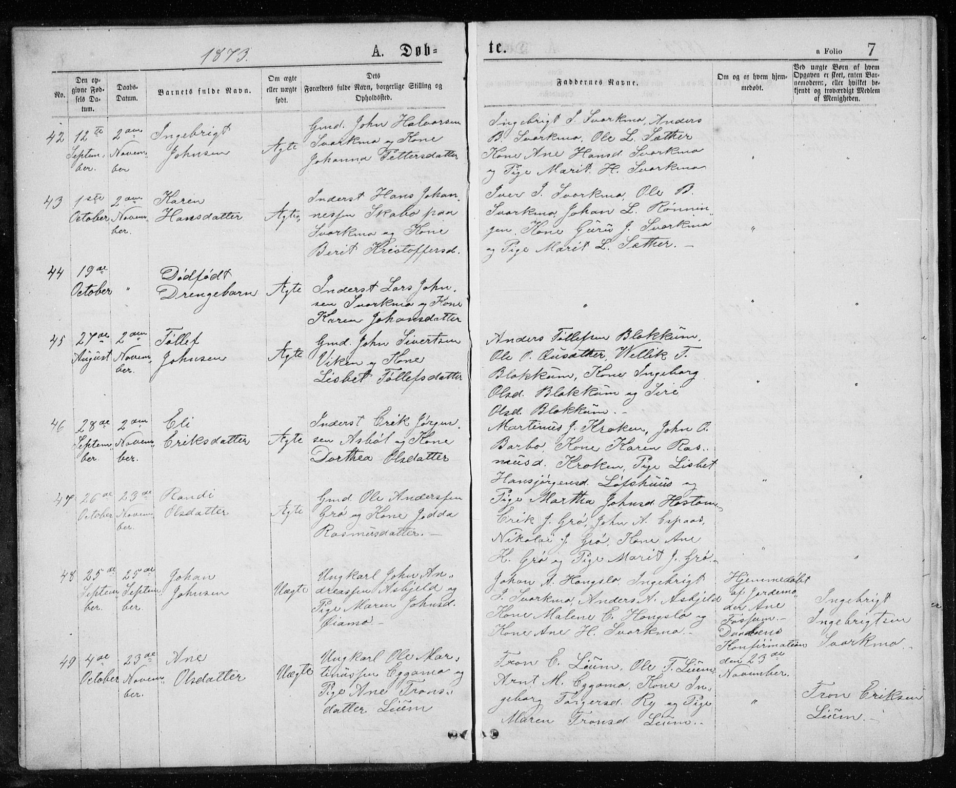 Ministerialprotokoller, klokkerbøker og fødselsregistre - Sør-Trøndelag, AV/SAT-A-1456/671/L0843: Parish register (copy) no. 671C02, 1873-1892, p. 7