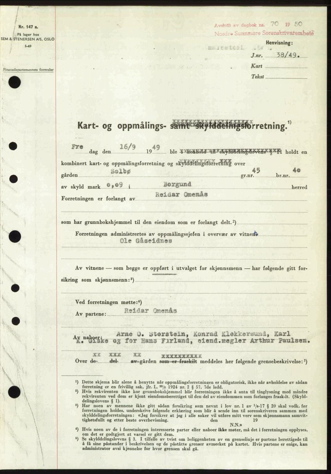 Nordre Sunnmøre sorenskriveri, AV/SAT-A-0006/1/2/2C/2Ca: Mortgage book no. A33, 1949-1950, Diary no: : 70/1950