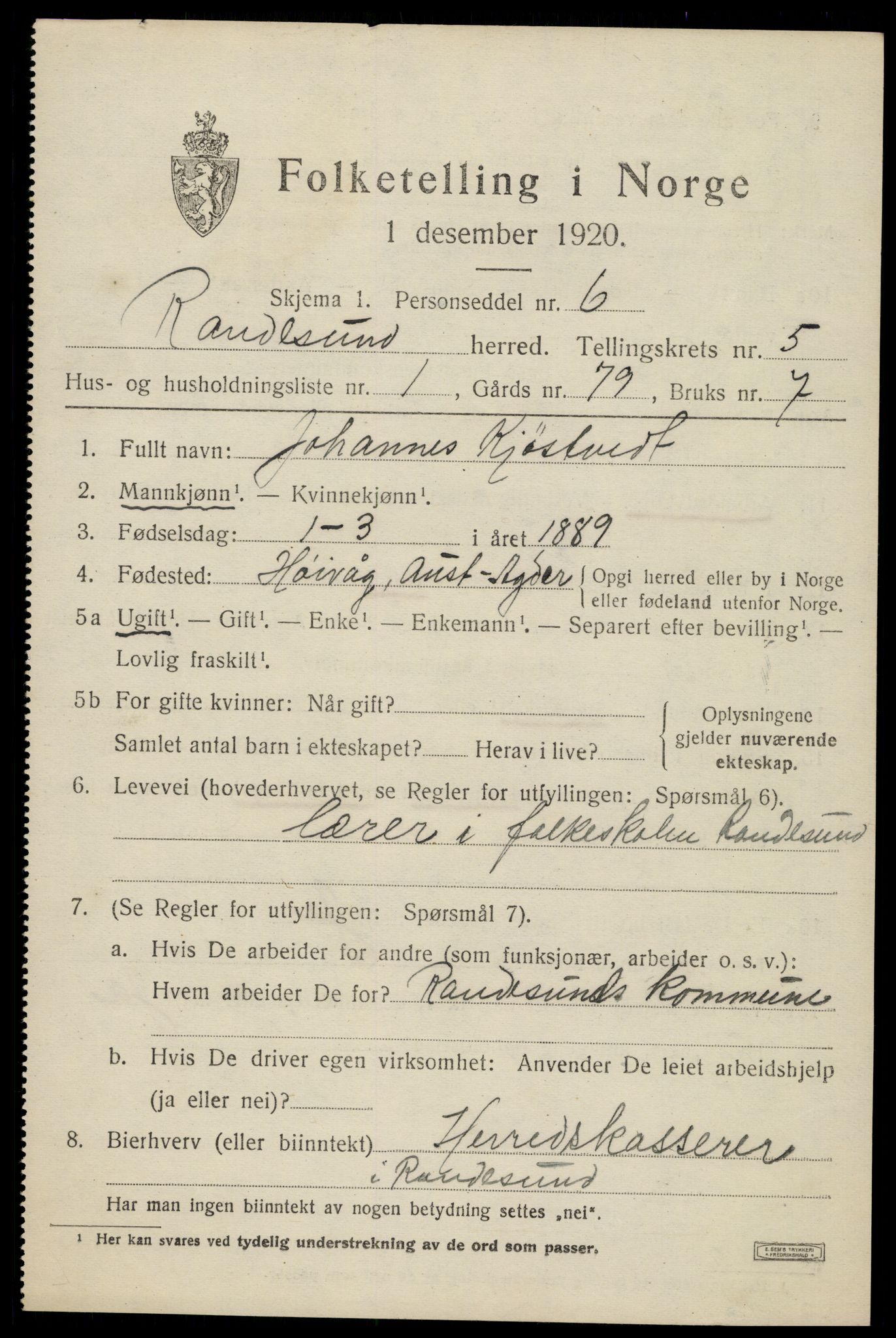 SAK, 1920 census for Randesund, 1920, p. 2322