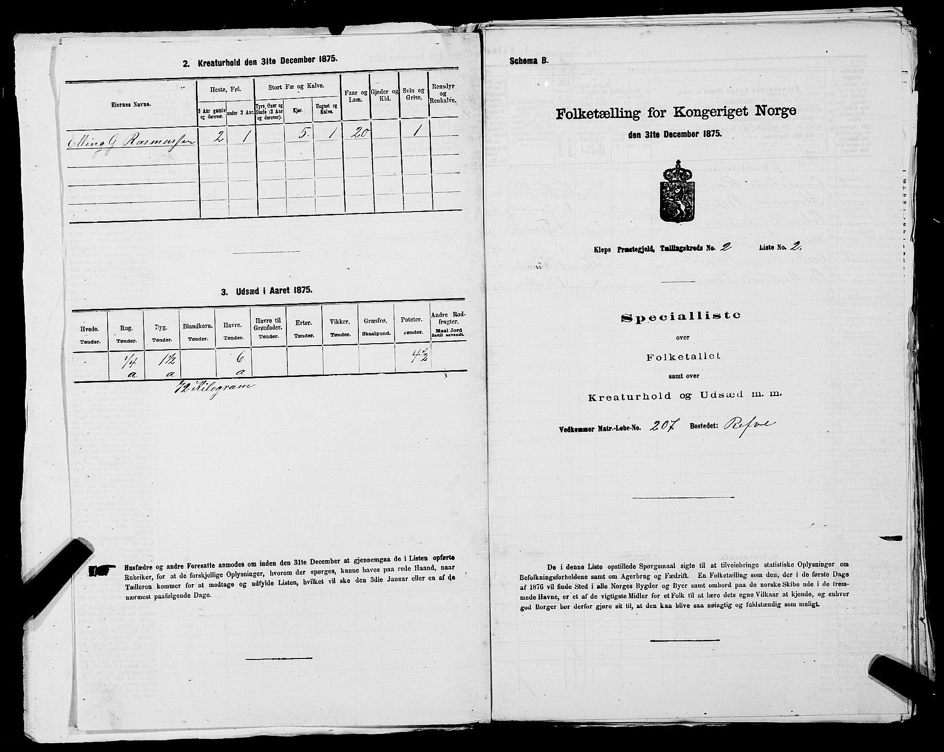 SAST, 1875 census for 1120P Klepp, 1875, p. 124