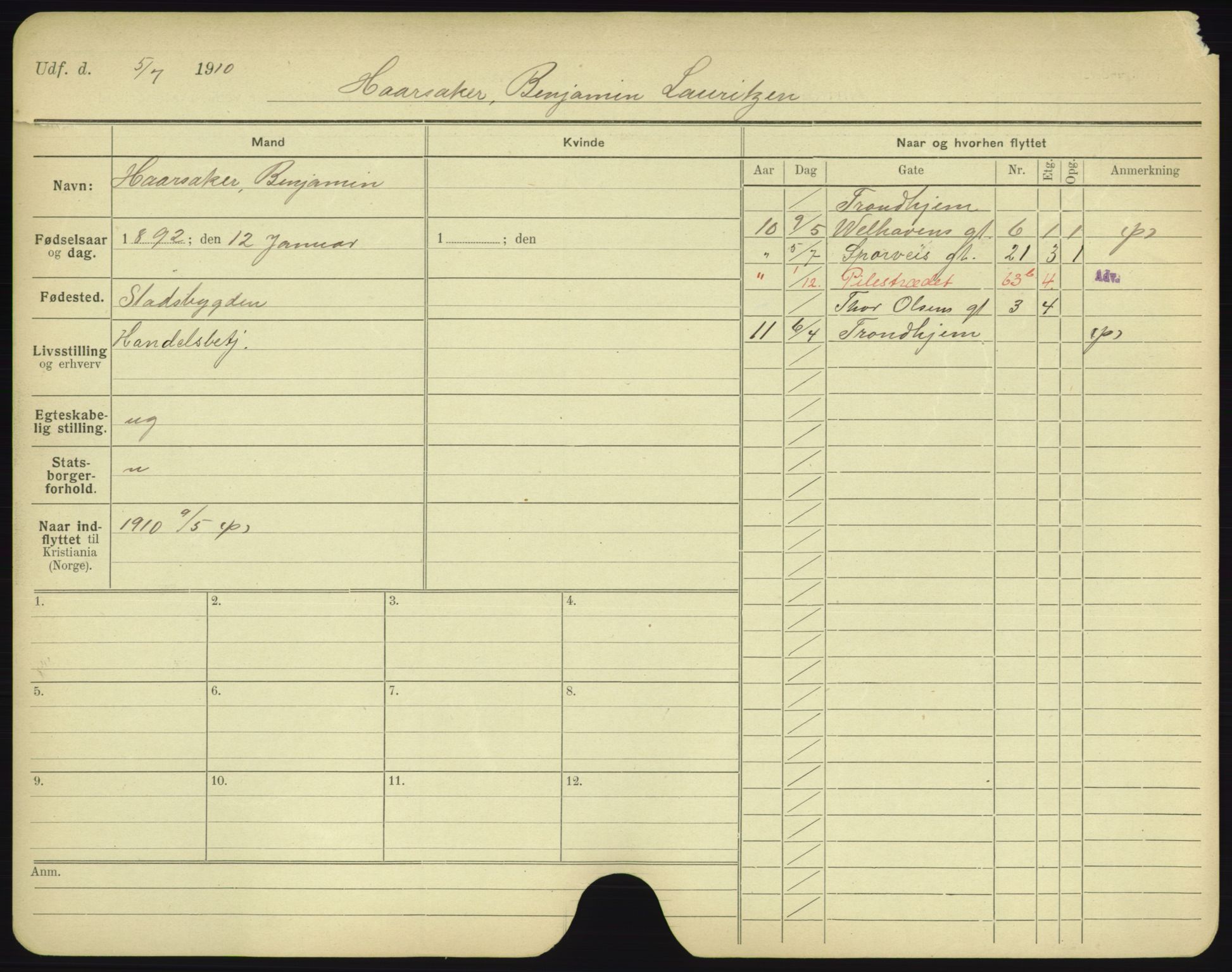 Oslo folkeregister, Registerkort, AV/SAO-A-11715/F/Fa/Fac/L0003: Menn, 1906-1914, p. 953a