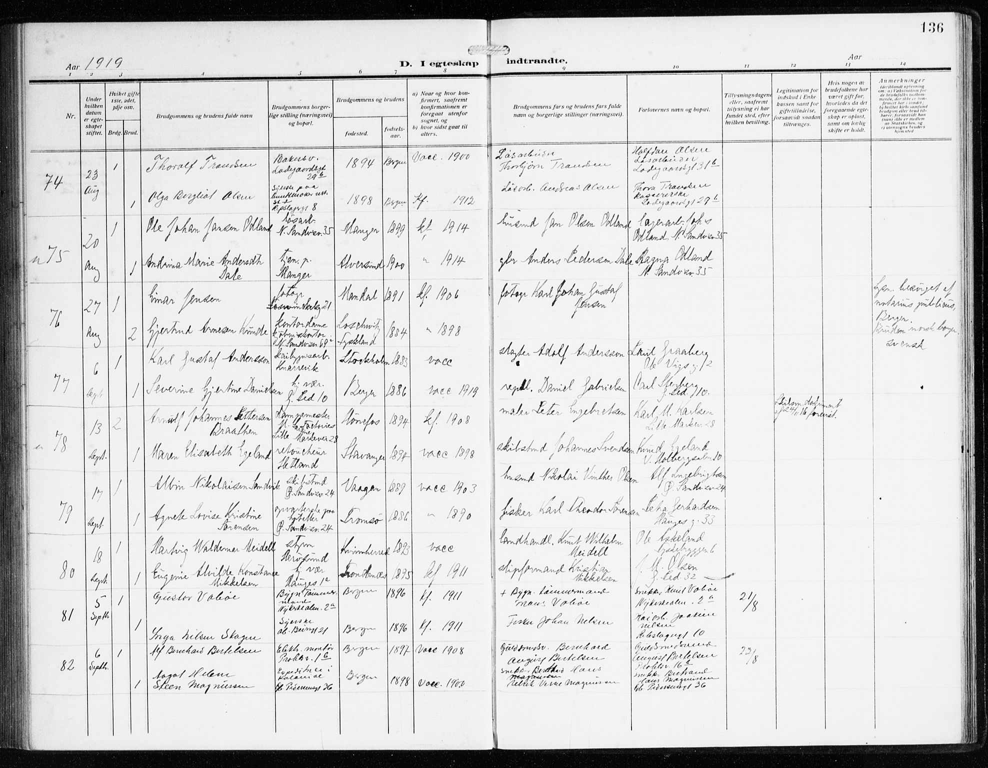 Sandviken Sokneprestembete, AV/SAB-A-77601/H/Ha/L0015: Parish register (official) no. D 2, 1911-1923, p. 136