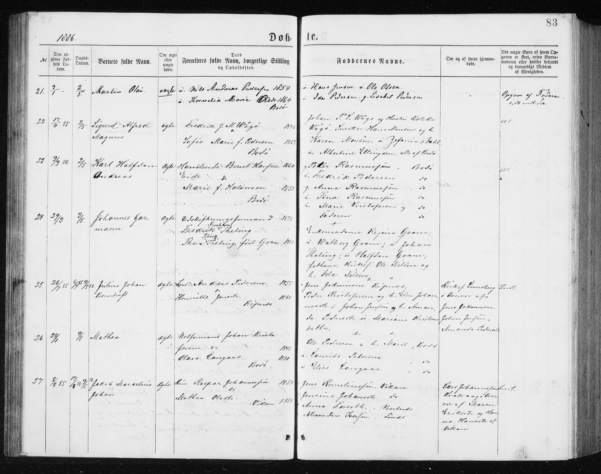 Ministerialprotokoller, klokkerbøker og fødselsregistre - Nordland, AV/SAT-A-1459/801/L0031: Parish register (copy) no. 801C06, 1883-1887, p. 83