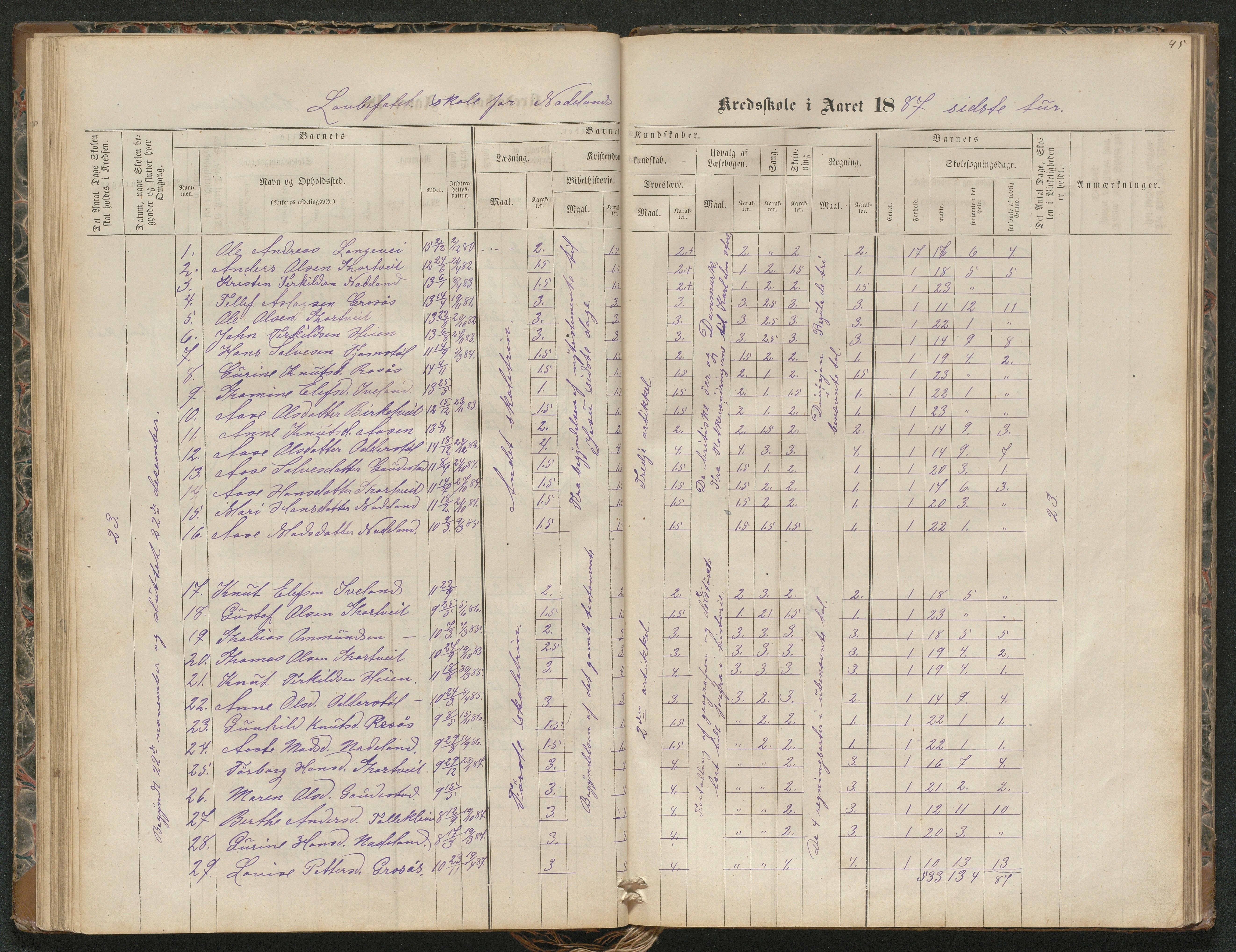 Iveland kommune, De enkelte kretsene/Skolene, AAKS/KA0935-550/A_4/L0002: Dagbok for Hodne og Iveland skolekrets, 1863-1888, p. 45