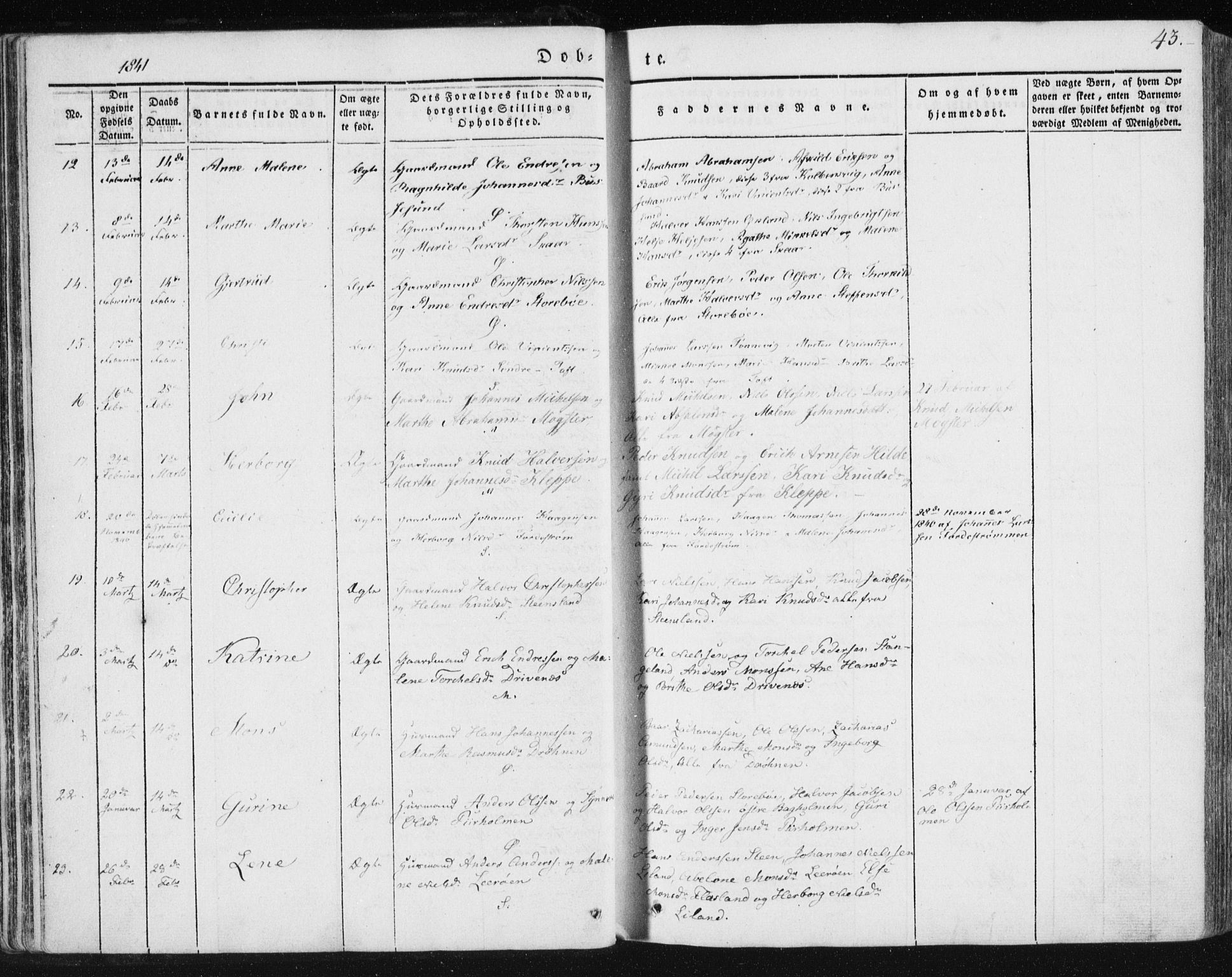 Sund sokneprestembete, SAB/A-99930: Parish register (official) no. A 13, 1835-1849, p. 43