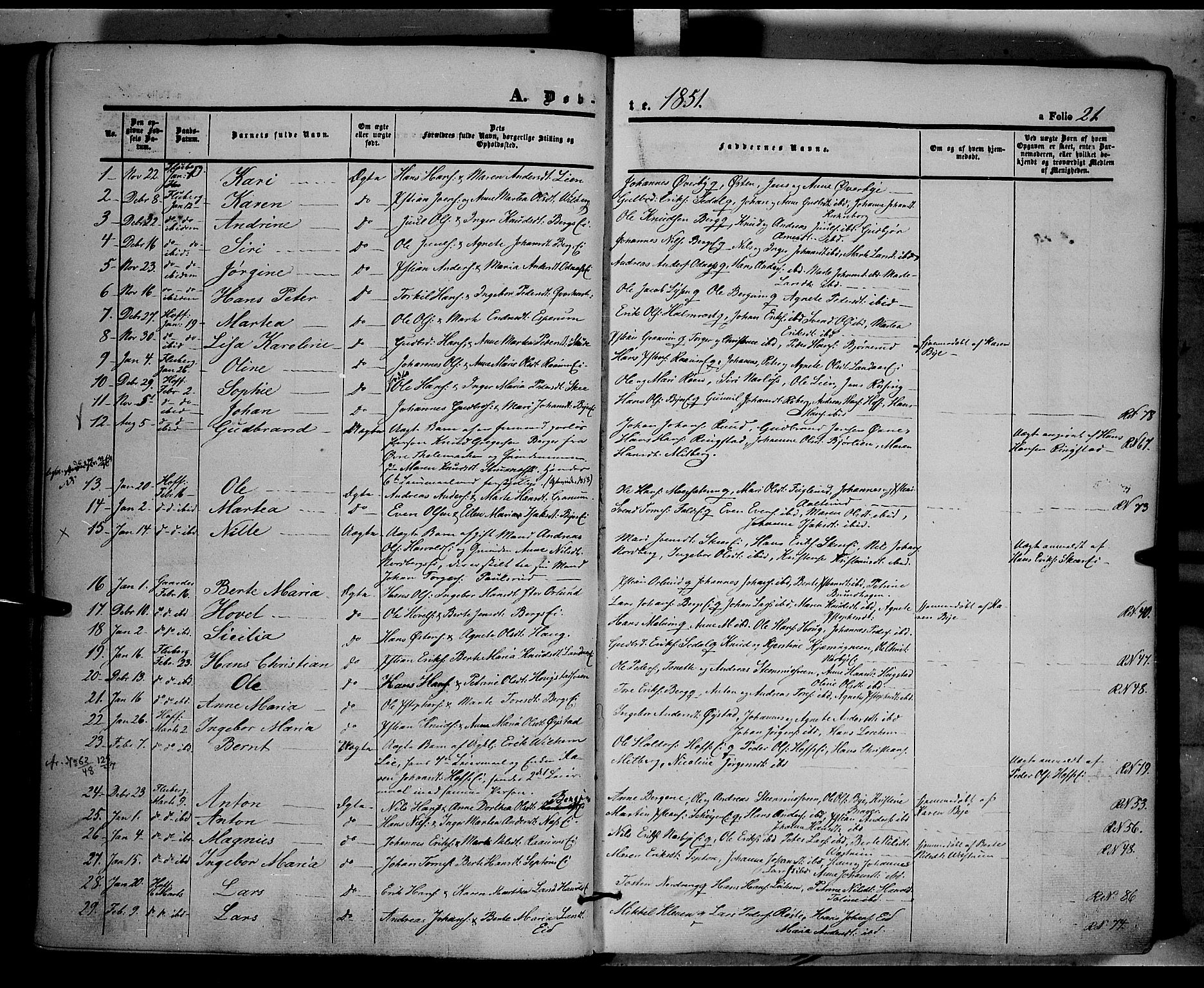 Land prestekontor, AV/SAH-PREST-120/H/Ha/Haa/L0009: Parish register (official) no. 9, 1847-1859, p. 21