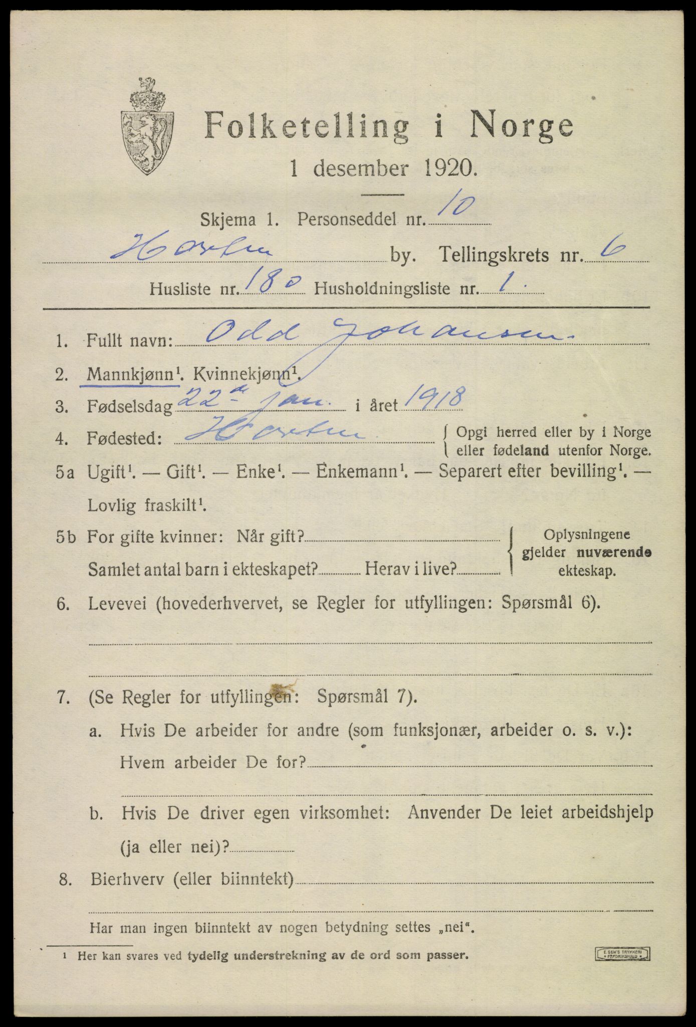 SAKO, 1920 census for Horten, 1920, p. 25443