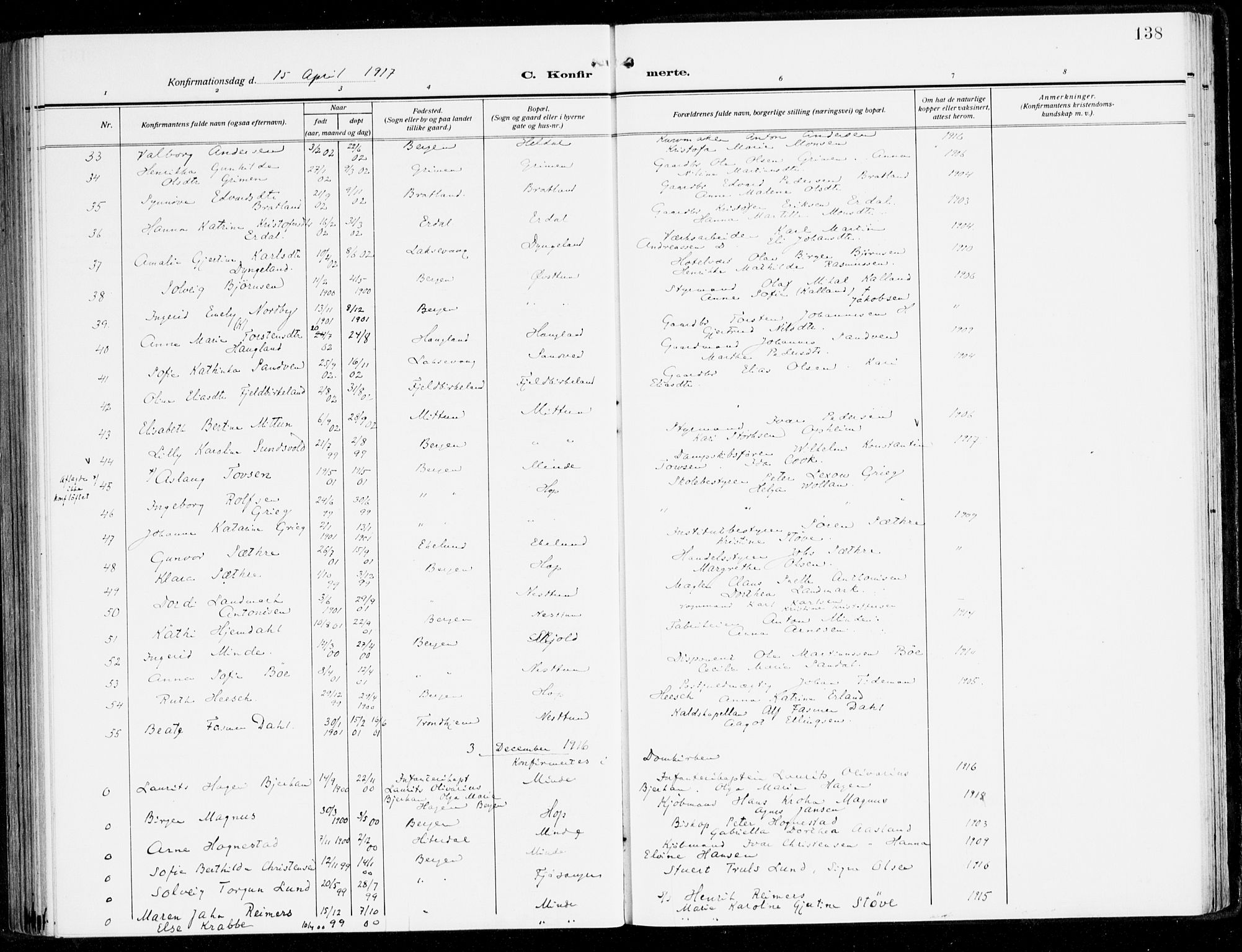 Fana Sokneprestembete, SAB/A-75101/H/Haa/Haai/L0004: Parish register (official) no. I 4, 1912-1933, p. 138