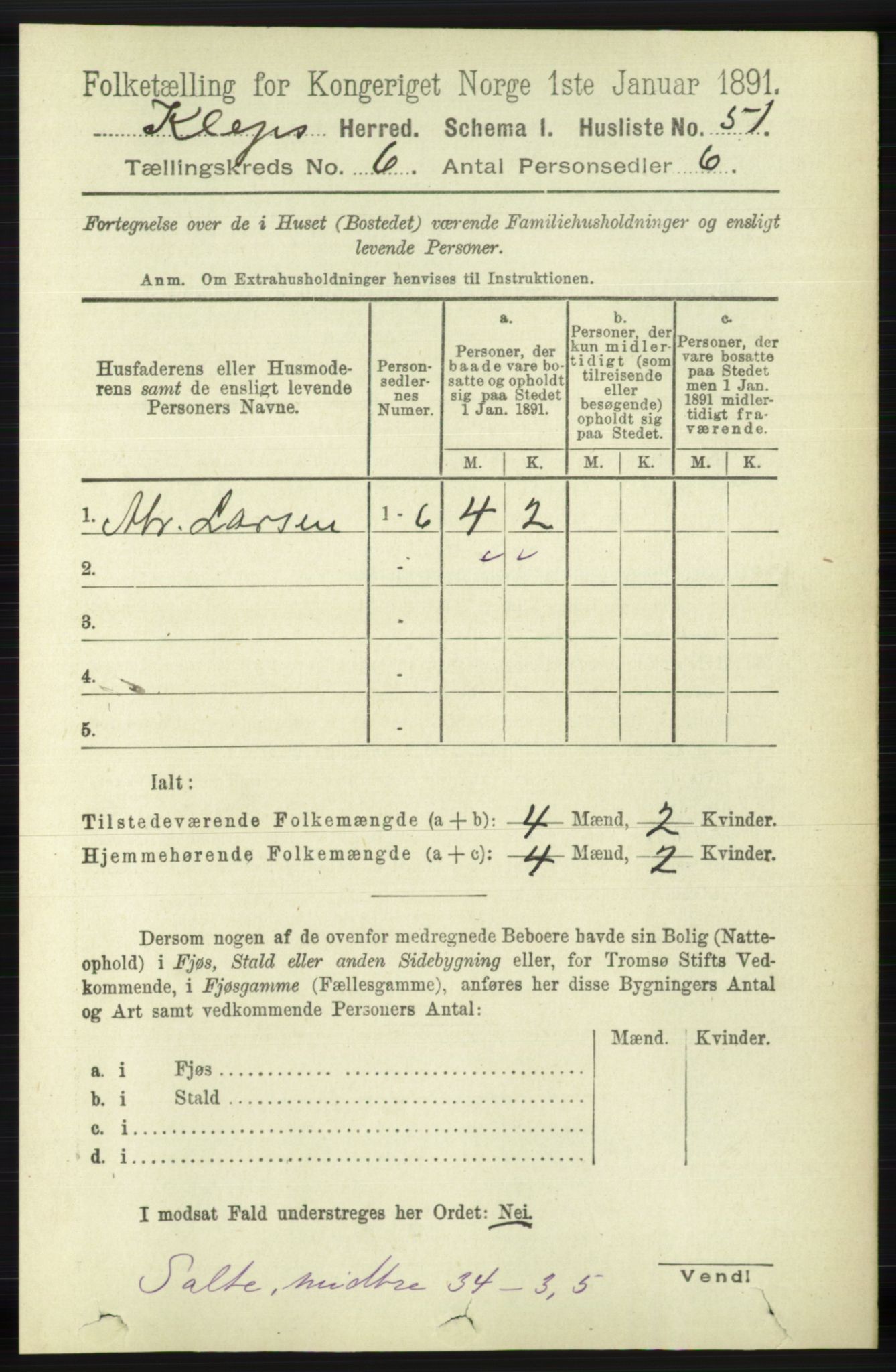 RA, 1891 census for 1120 Klepp, 1891, p. 1710