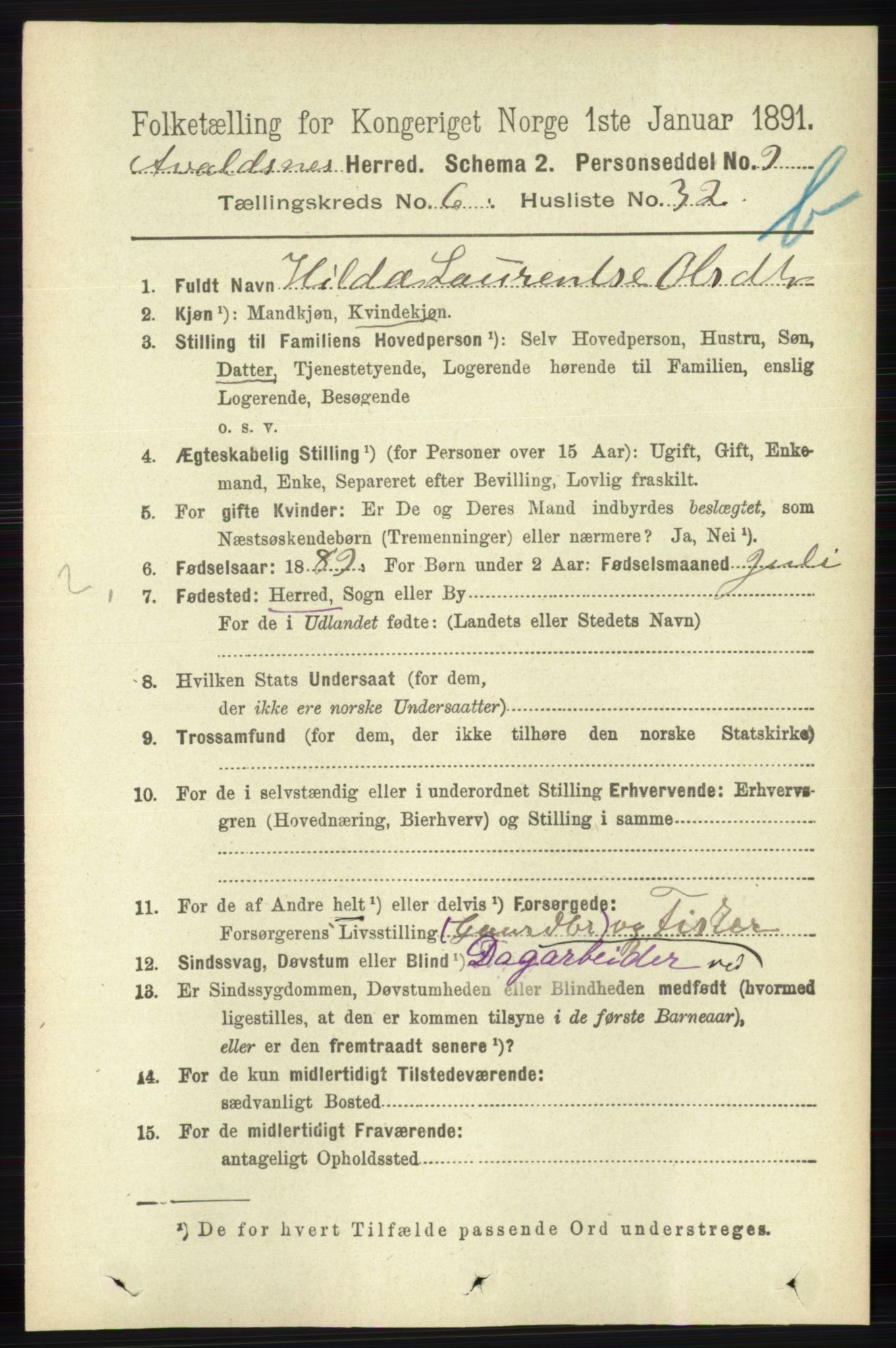 RA, 1891 census for 1147 Avaldsnes, 1891, p. 3420